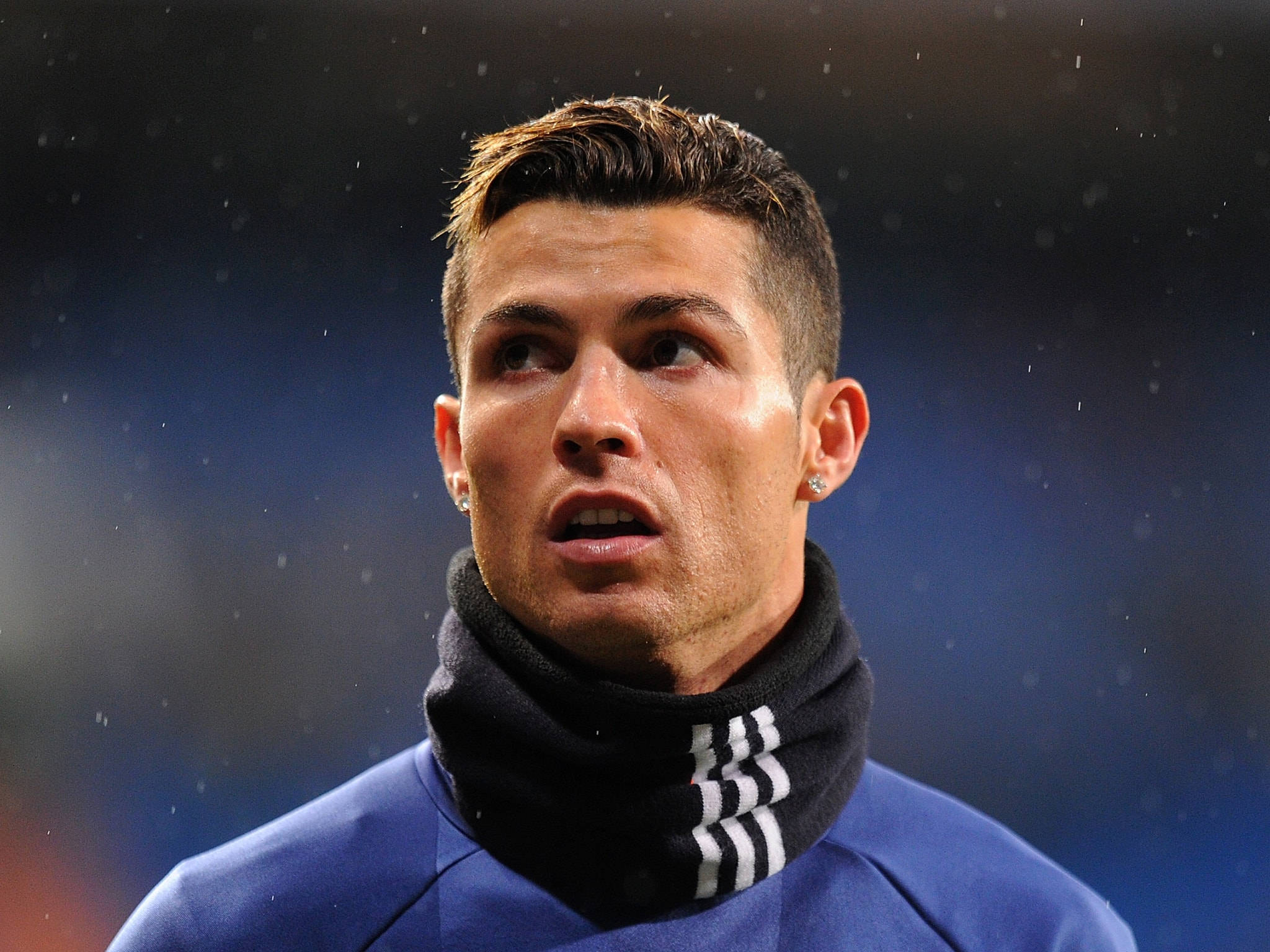 Cristiano Ronaldo, blue sports jacket, black scarf, Full HD Desktop Wallpaper