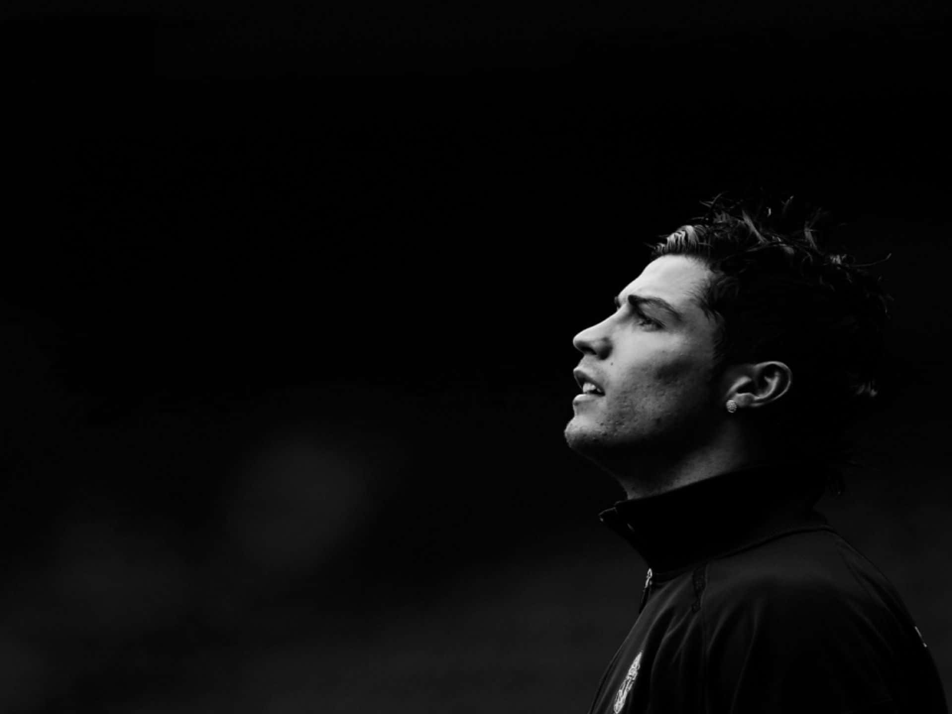 Cristiano Ronaldo, male football athlete, black and white profile portrait, Full HD Desktop Wallpaper