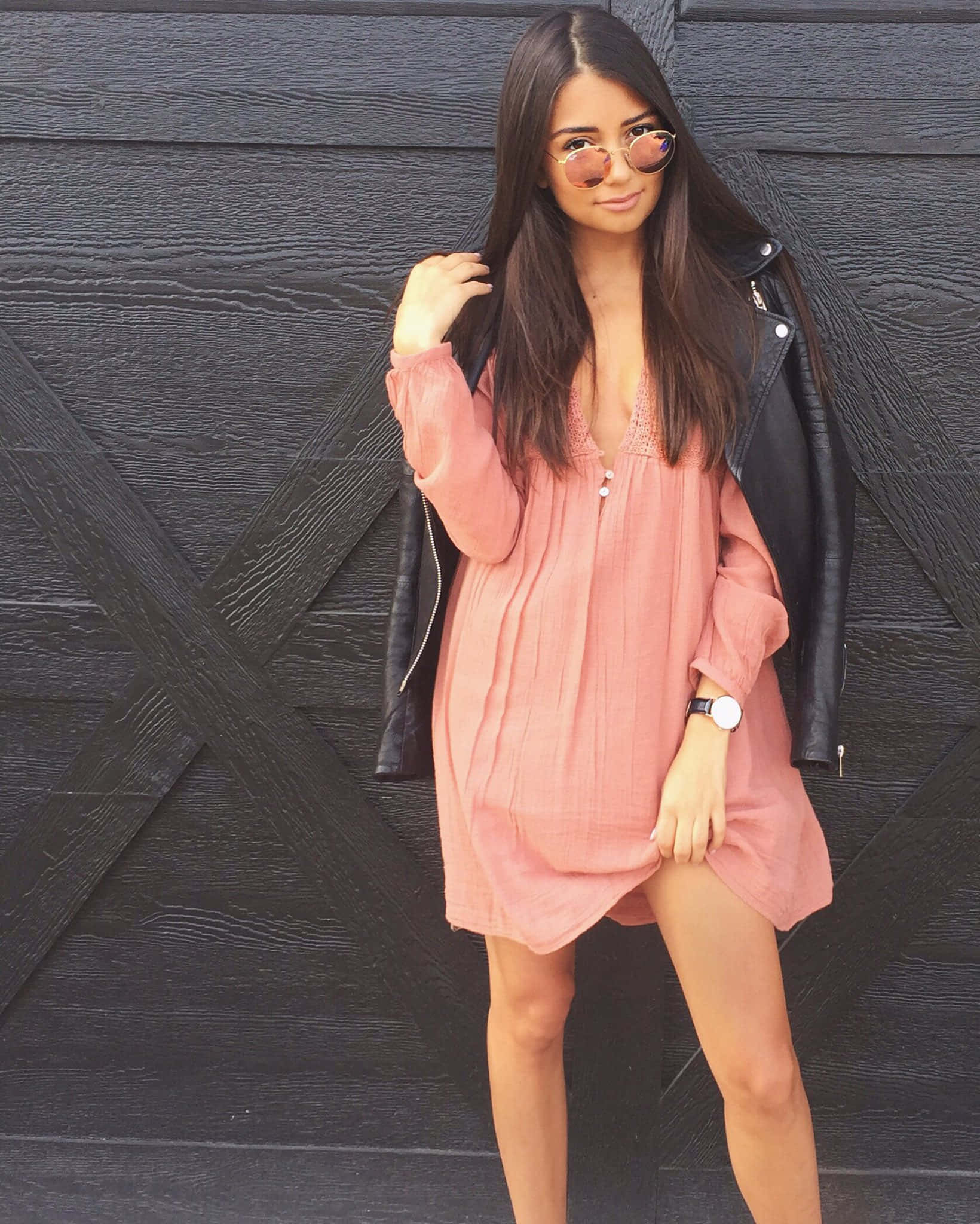 Cristine Prosperi, pink dress, black leather jacket, Full HD Phone Wallpaper
