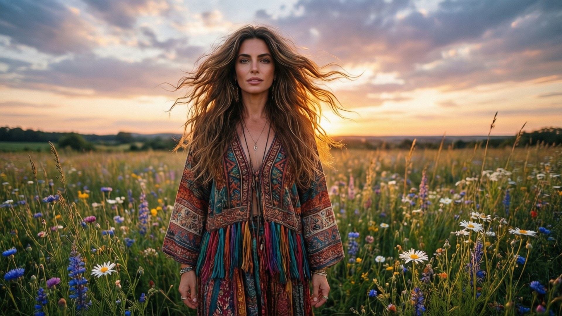 Cristine Prosperi, wildflower field, sunset, Full HD Desktop Wallpaper