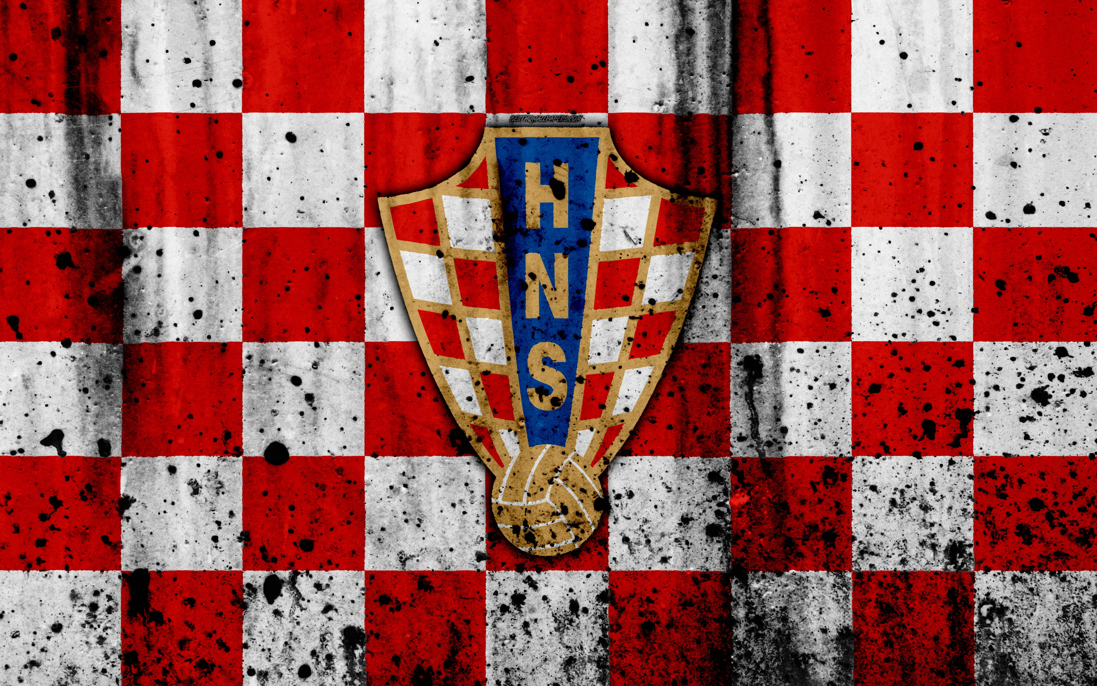 Croatia National Football Team, red and white checkered flag, black splatter texture, 4K Desktop Wallpaper