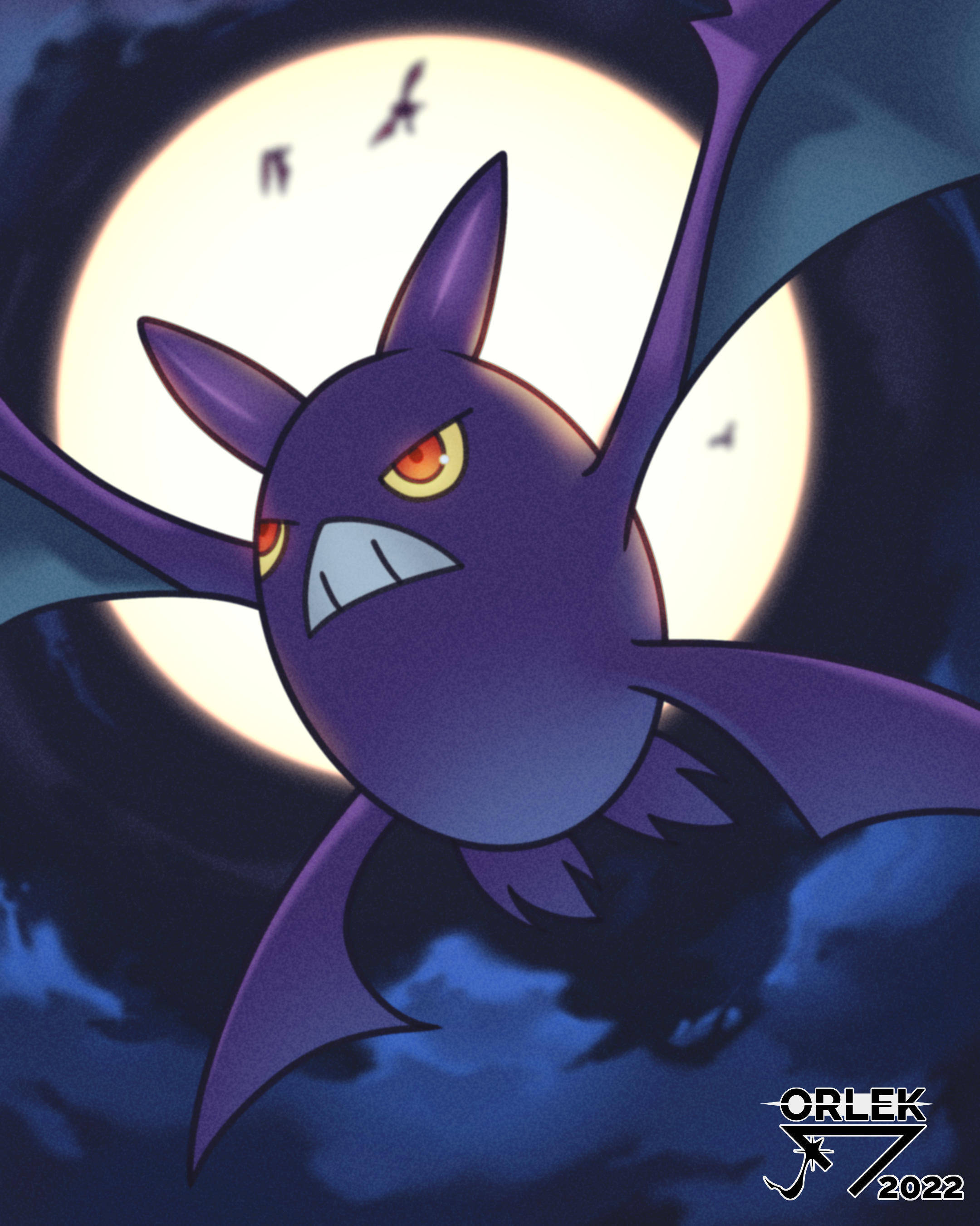 Crobat, full moon, glowing orange eyes, 2K Phone Wallpaper