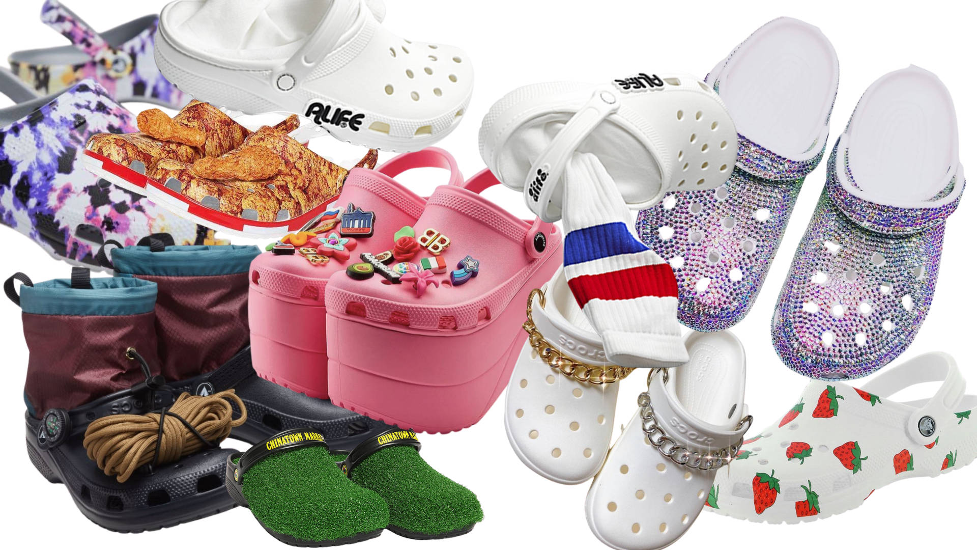 Crocs, glitter strawberries, chains, Full HD Desktop Wallpaper