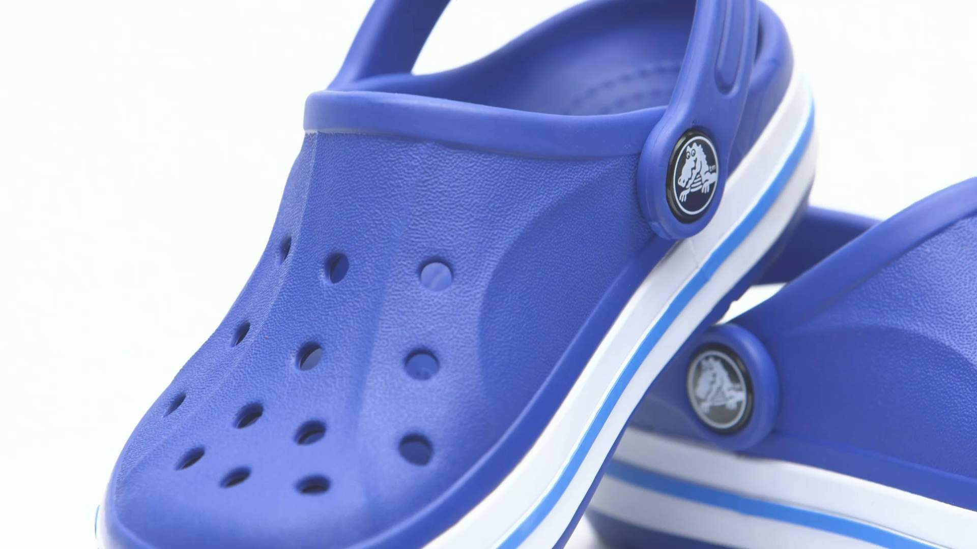 blue Crocs clogs, white and light blue stripes, clean white background, Full HD Desktop Wallpaper