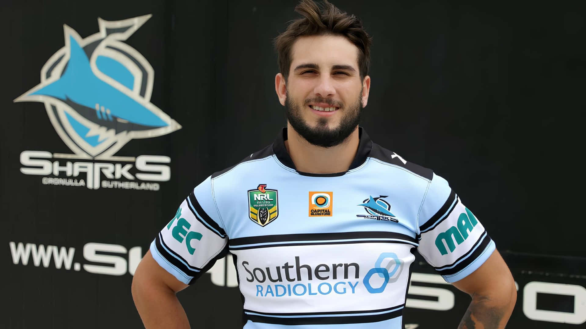 Cronulla Sharks, light blue and black Sharks jersey, rugby player, Full HD Desktop Wallpaper