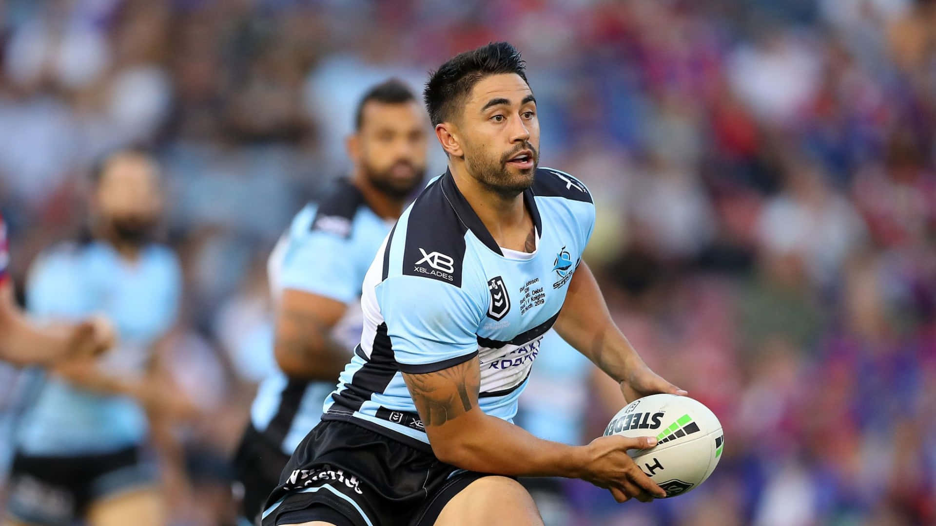 Cronulla Sharks, light blue and black jersey, stadium lights, Full HD Desktop Wallpaper