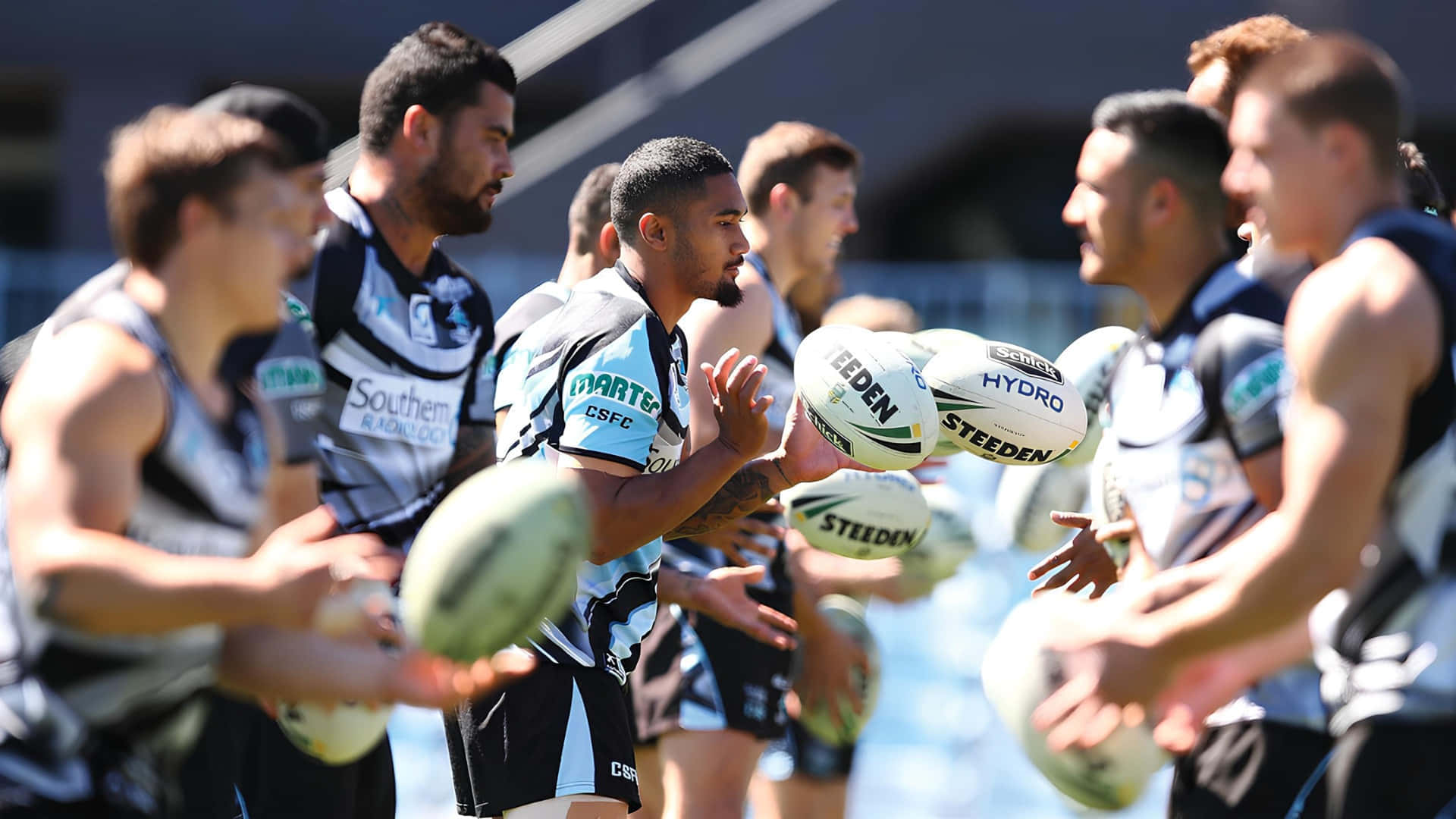 Cronulla Sharks, black and light blue jerseys, white Steeden balls, Full HD Desktop Wallpaper