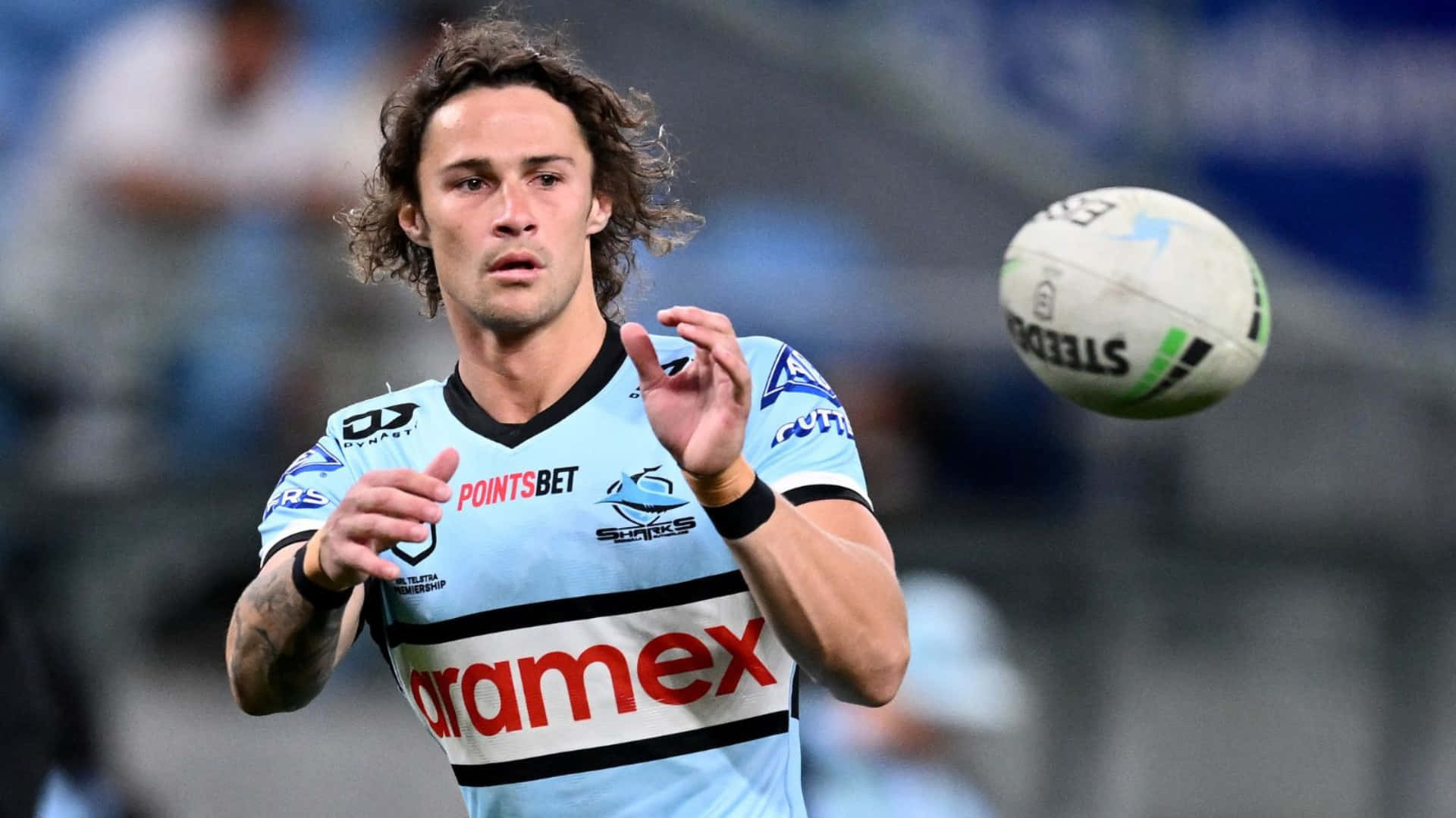 Cronulla Sharks, light blue jersey, red and black accents, Full HD Desktop Wallpaper