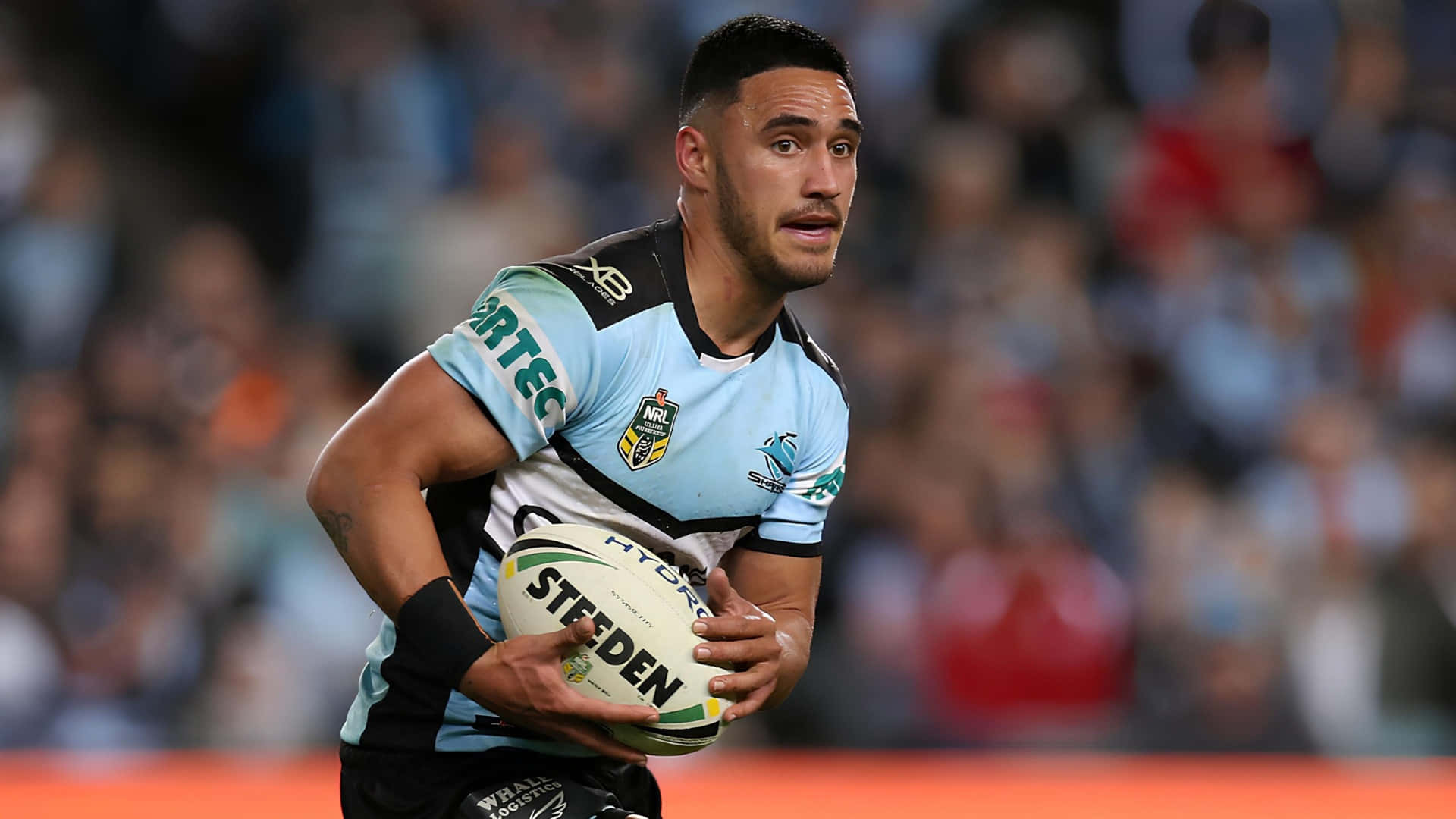 Cronulla Sharks, light blue and black jersey, white ball, Full HD Desktop Wallpaper