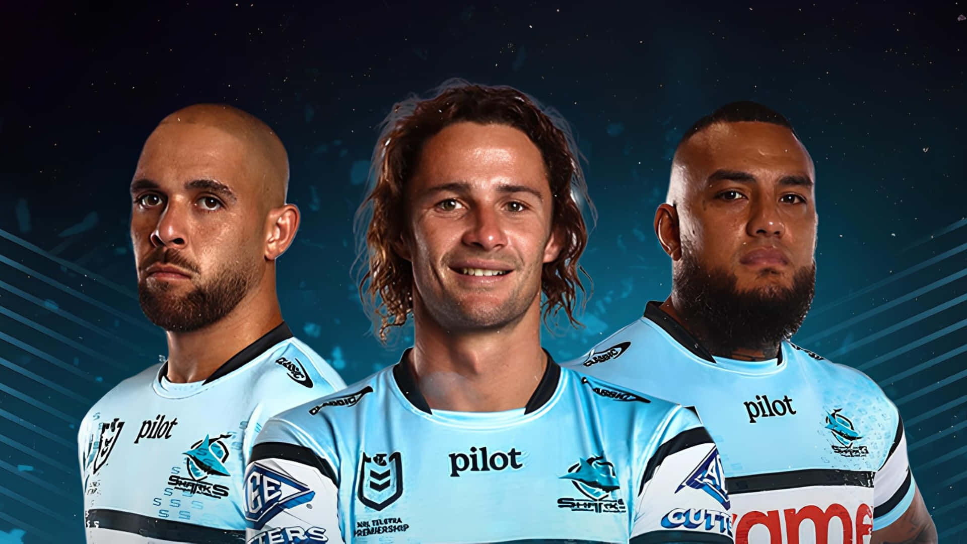 Cronulla Sharks, light blue jerseys, starry digital blue background, Full HD Desktop Wallpaper