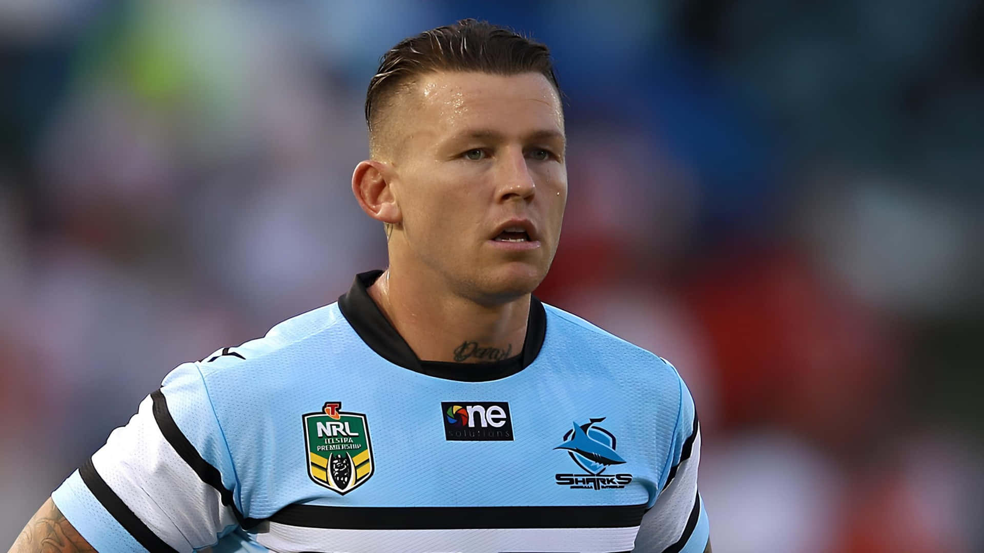 Cronulla Sharks, light blue Sharks jersey, black and white stripes, Full HD Desktop Wallpaper