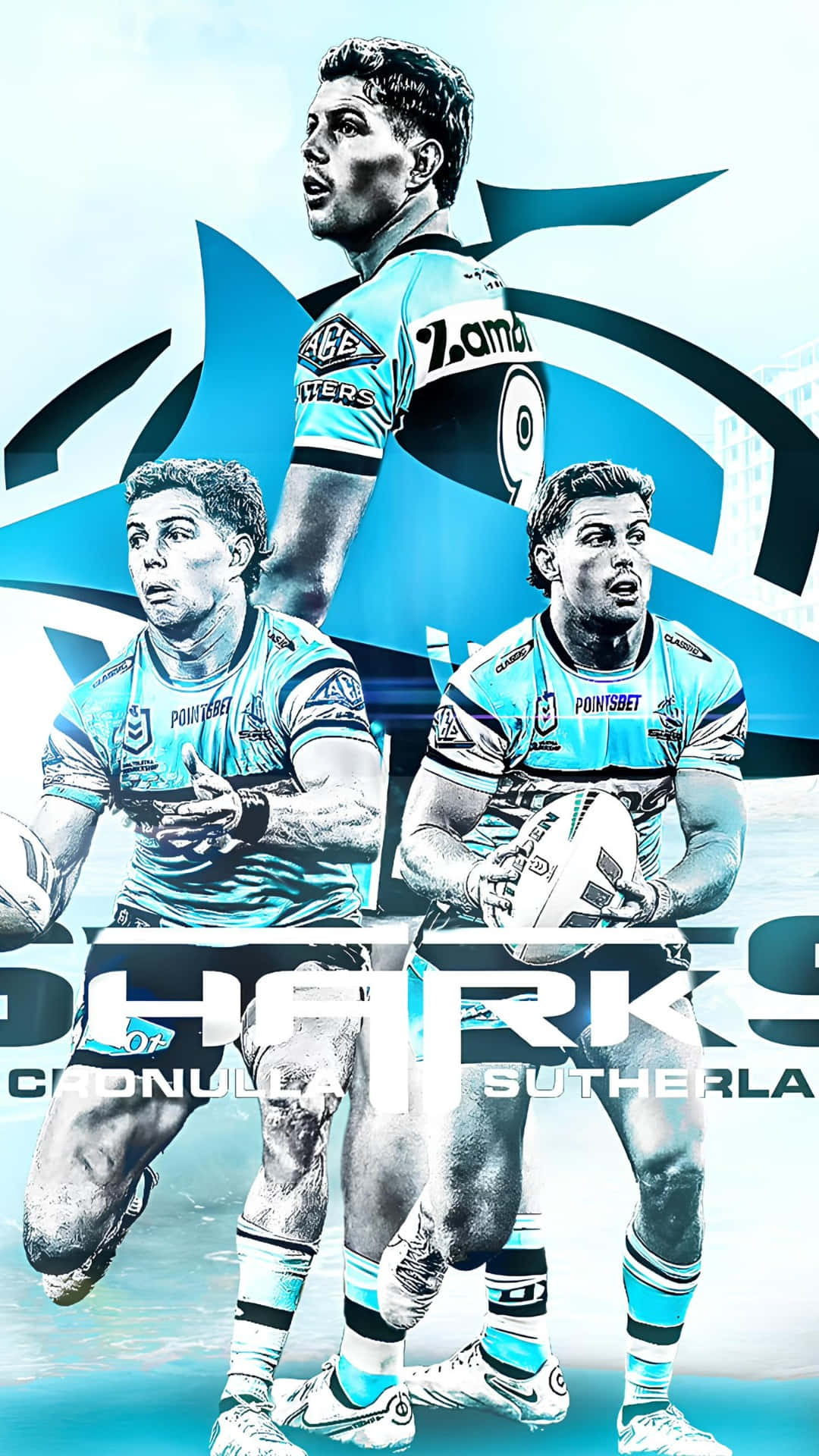 Cronulla Sharks, blue and black jerseys, stylized shark logo, Full HD Phone Wallpaper