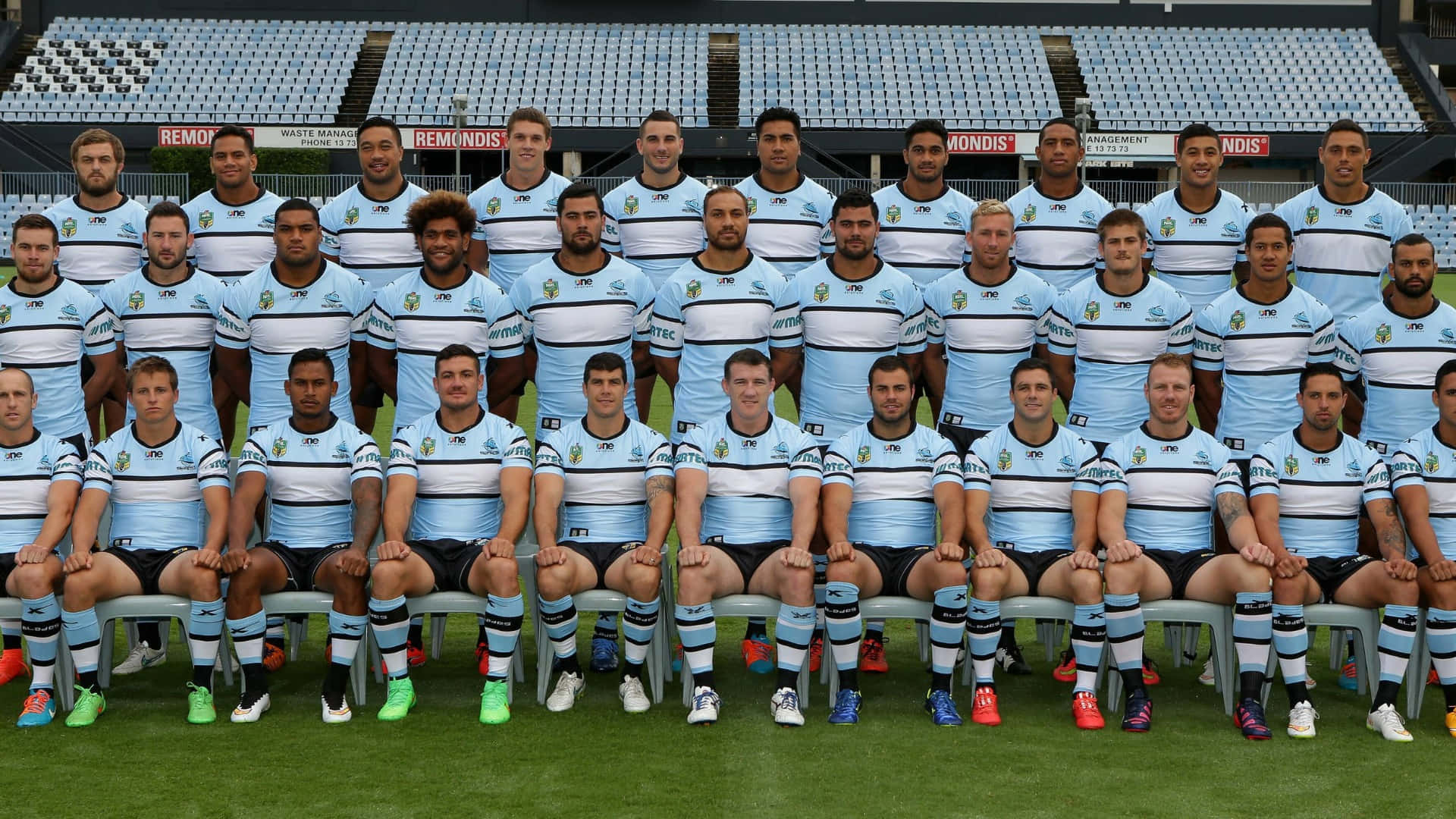 Cronulla Sharks, light blue and white striped jerseys, stadium seats, Full HD Desktop Wallpaper