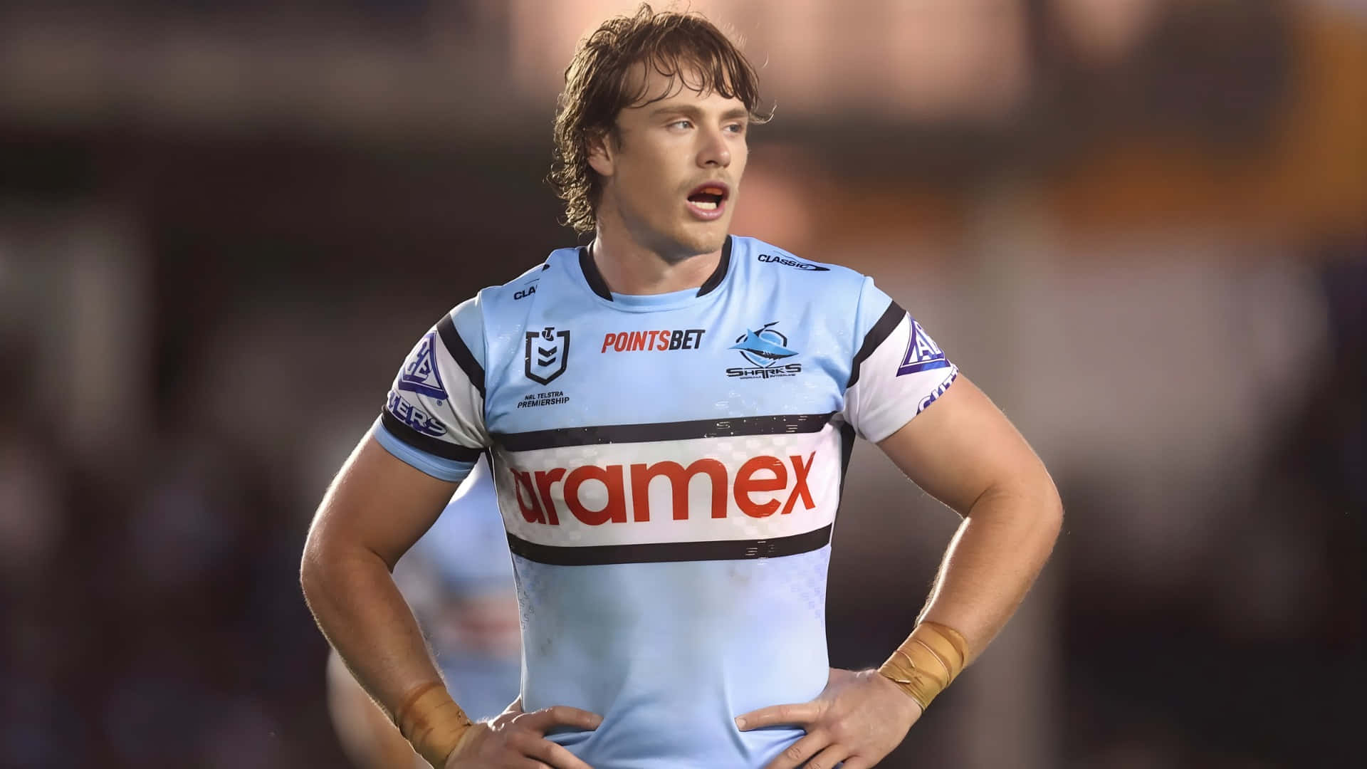 Cronulla Sharks, light blue jersey, red and black accents, Full HD Desktop Wallpaper