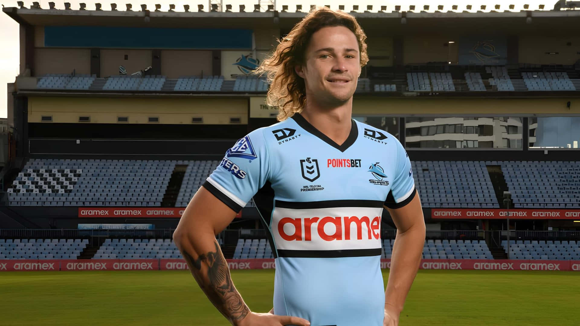 Cronulla Sharks, light blue jersey, stadium field, Full HD Desktop Wallpaper