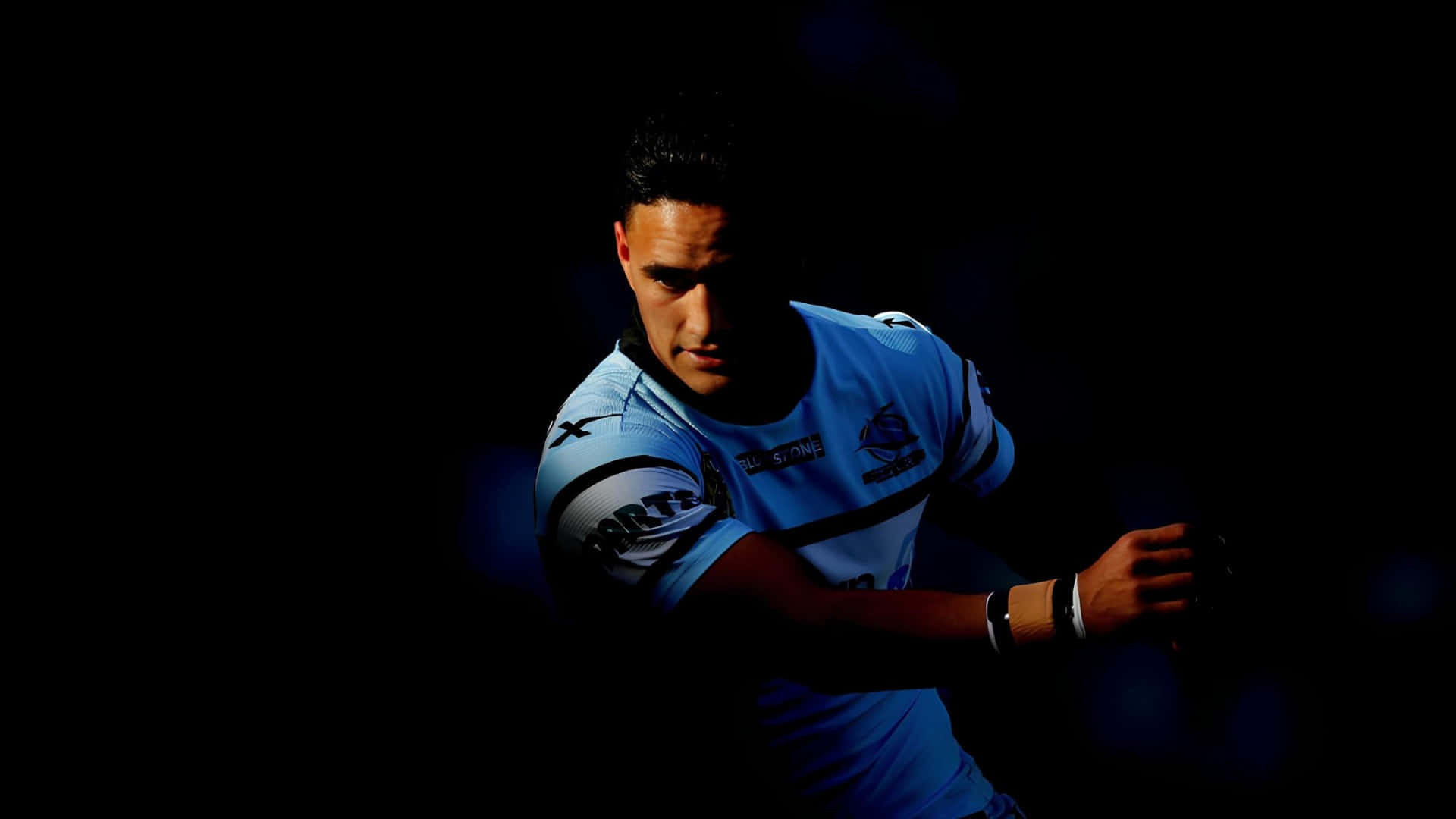 Cronulla Sharks, light blue jersey, black background, Full HD Desktop Wallpaper