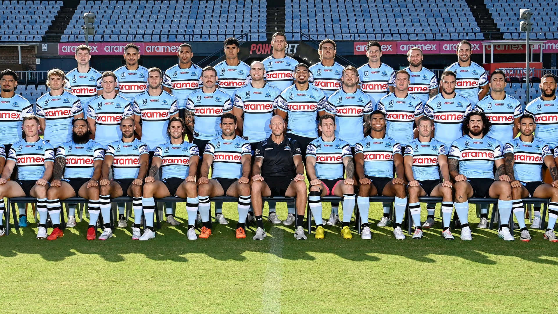 Cronulla Sharks, light blue jerseys, red and white sponsor logos, Full HD Desktop Wallpaper