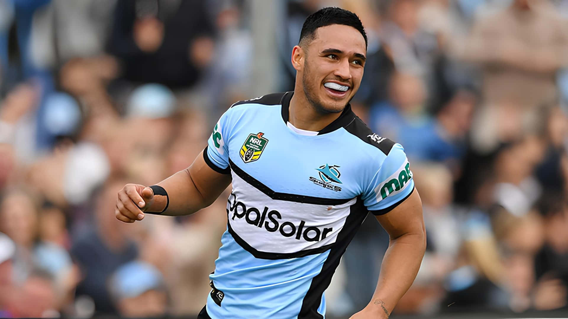 Cronulla Sharks, light blue and black jersey, rugby league player, Full HD Desktop Wallpaper
