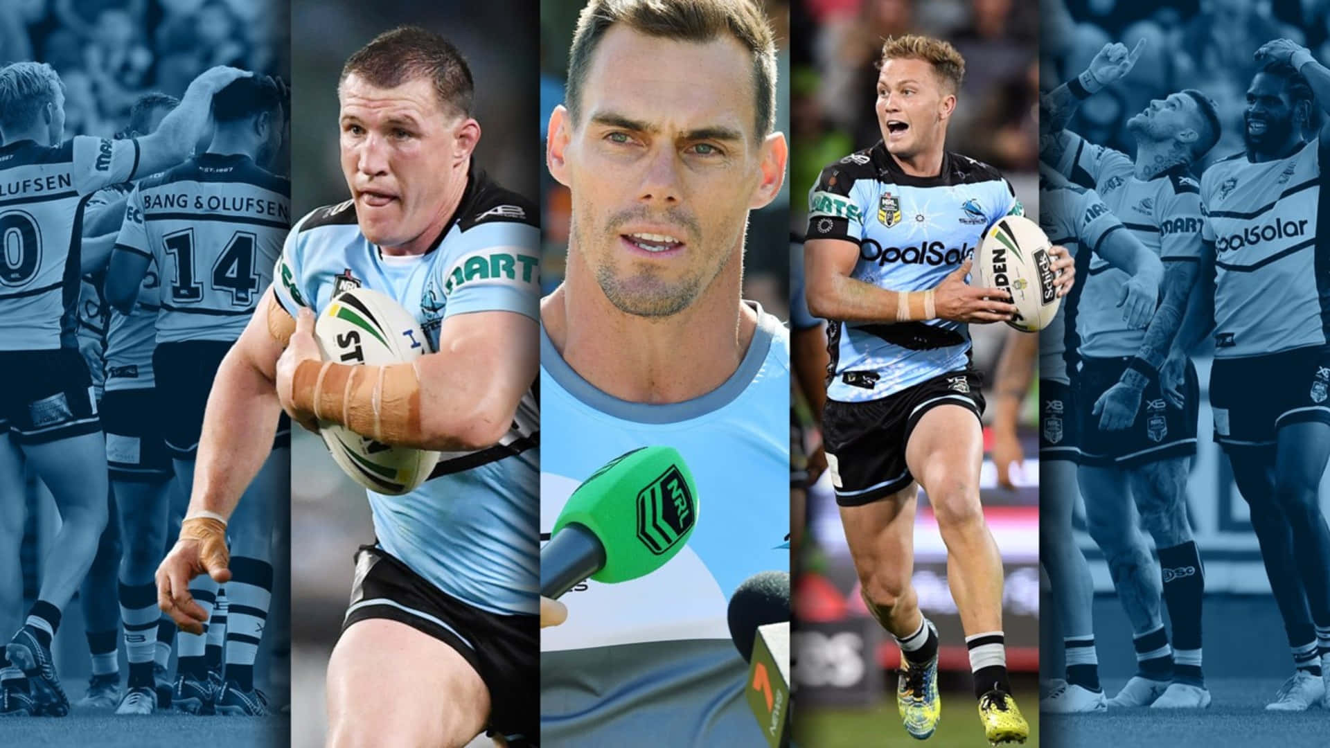 Cronulla Sharks, light blue jerseys, rugby league players, Full HD Desktop Wallpaper
