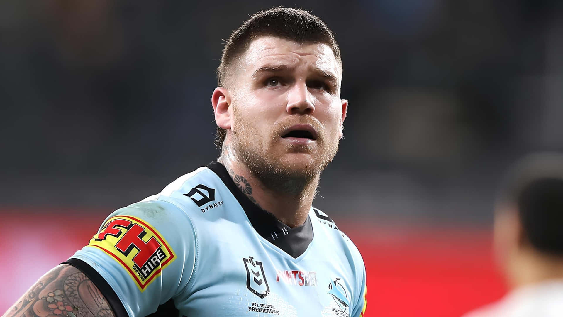 Cronulla Sharks, light blue jersey, tattoos on neck and arm, Full HD Desktop Wallpaper