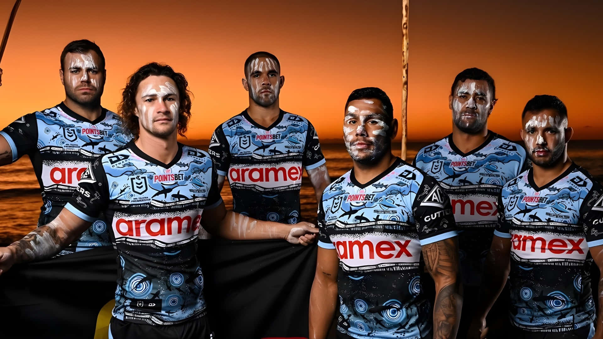 Cronulla Sharks, blue and white jerseys, face paint, Full HD Desktop Wallpaper