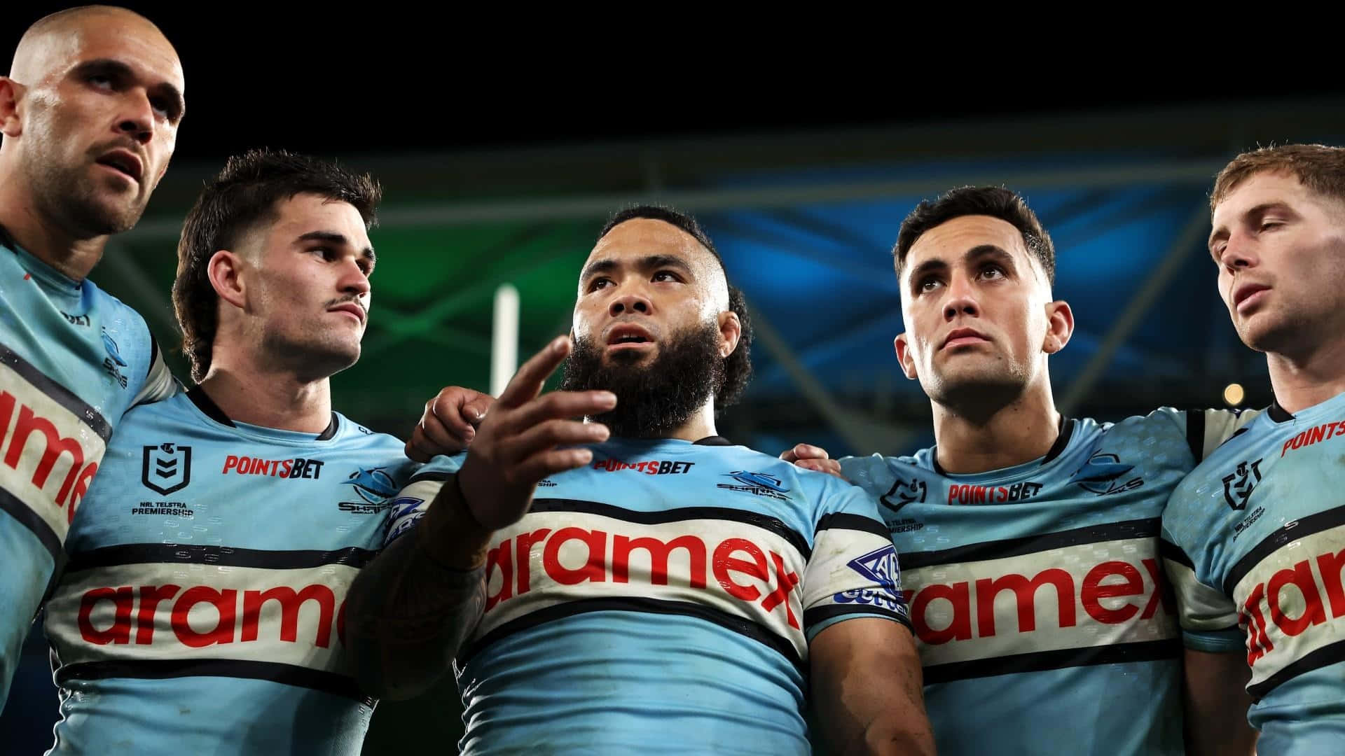 Cronulla Sharks, light blue jerseys, red aramex logos, Full HD Desktop Wallpaper