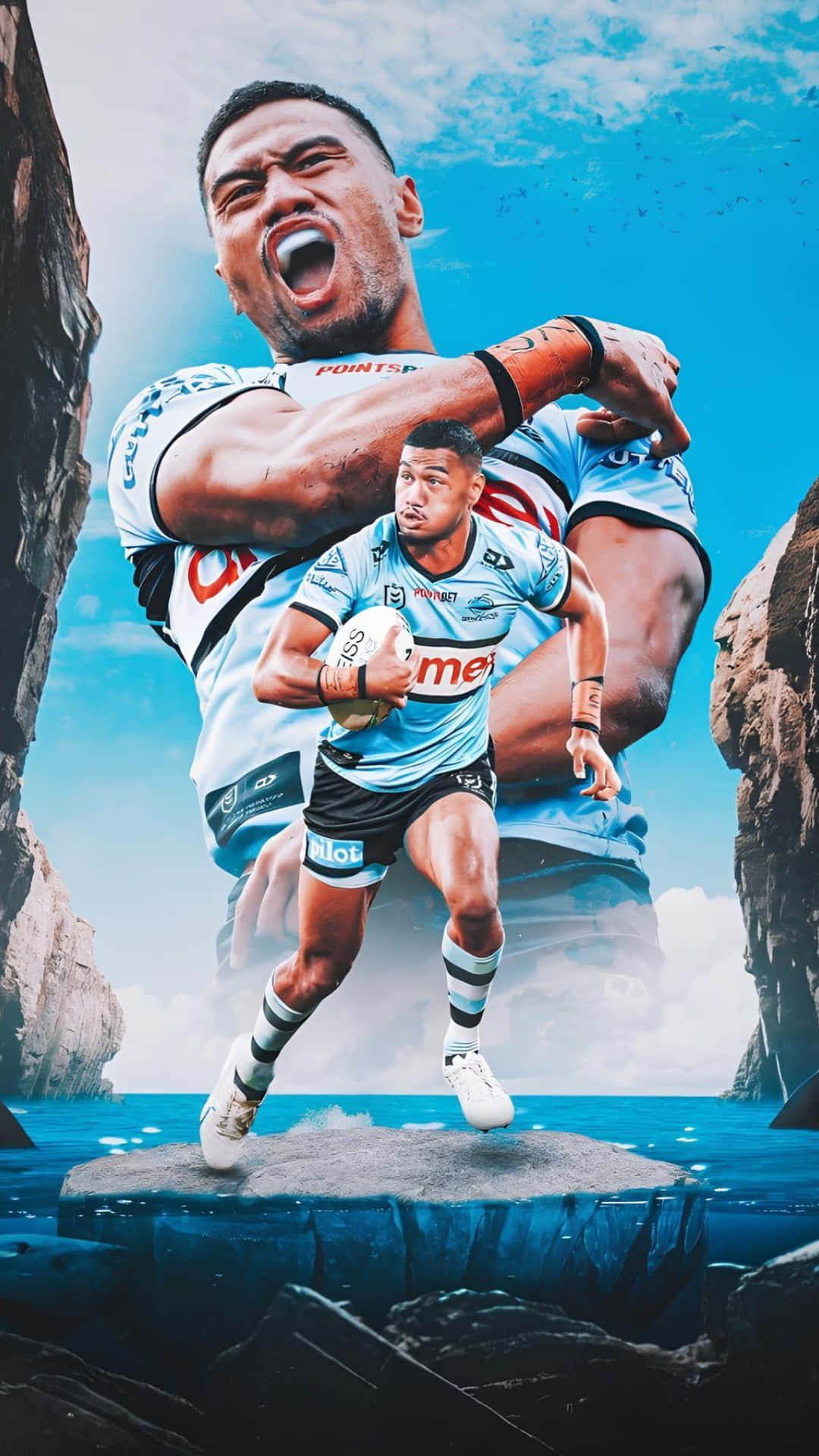 Cronulla Sharks, light blue jersey, rocky cliff edge, Full HD Phone Wallpaper