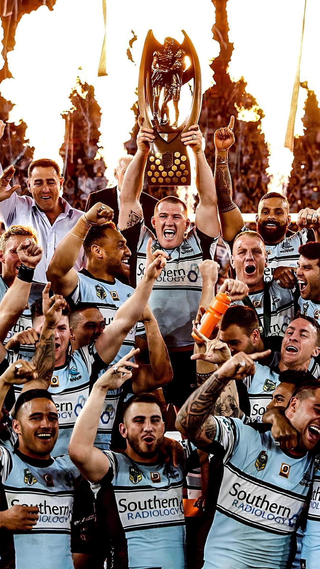 Cronulla Sharks, light blue jerseys, golden trophy, Full HD Phone Wallpaper