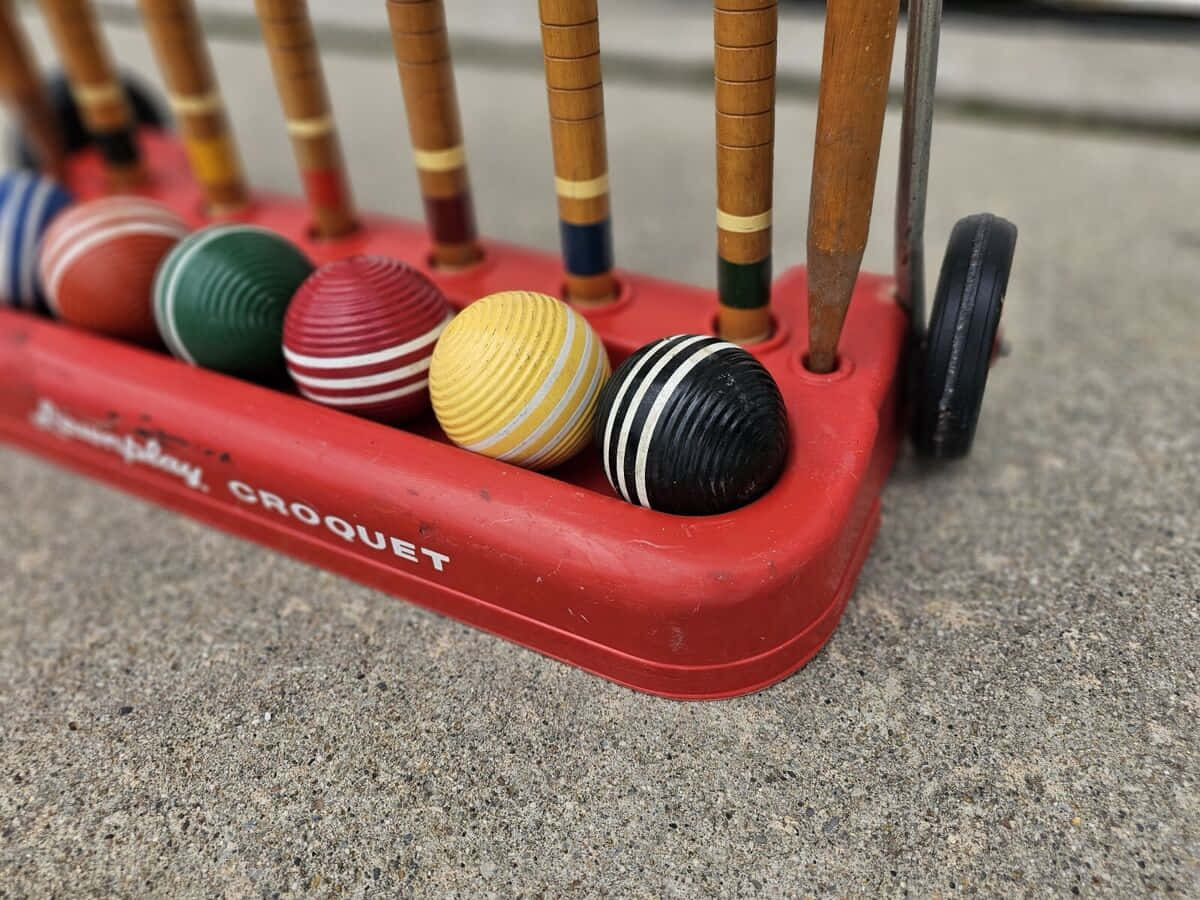croquet set, colorful striped balls, wooden mallets, SD Desktop Wallpaper