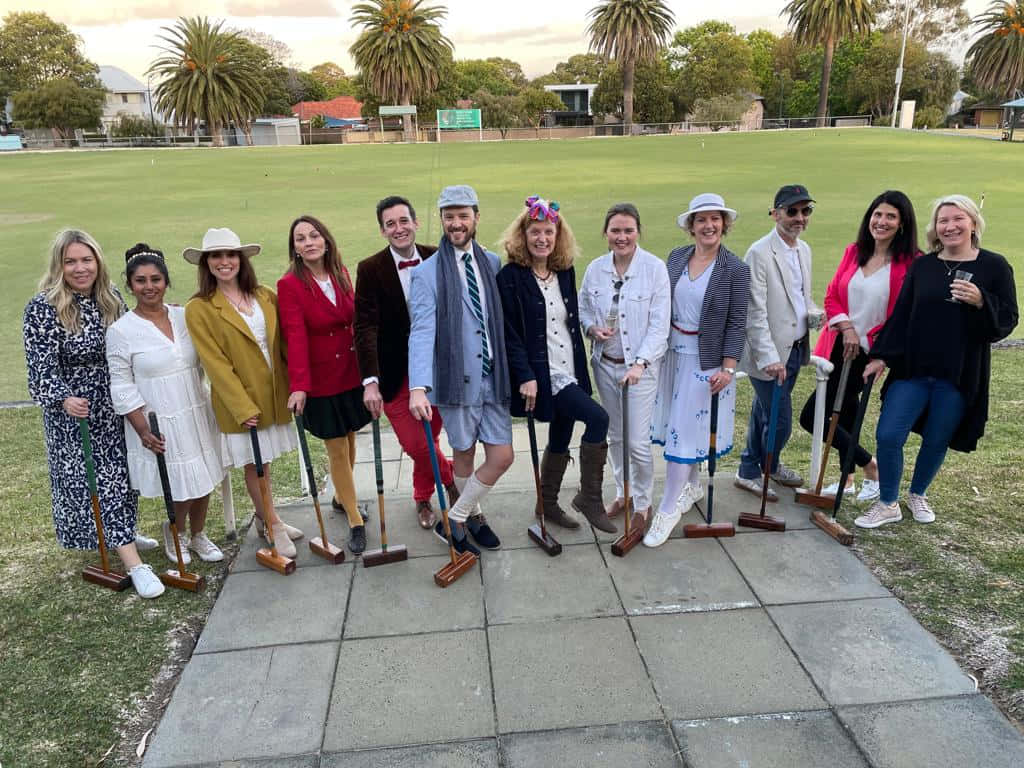croquet players, colorful outfits, paved path, SD Desktop Wallpaper