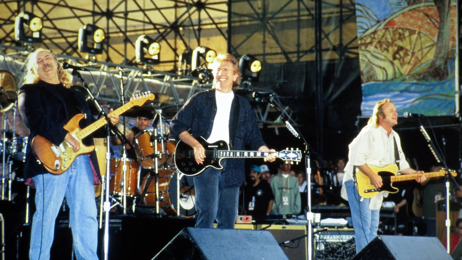 Crosby Stills And Nash, outdoor concert stage, metal truss structure, HD Desktop Wallpaper