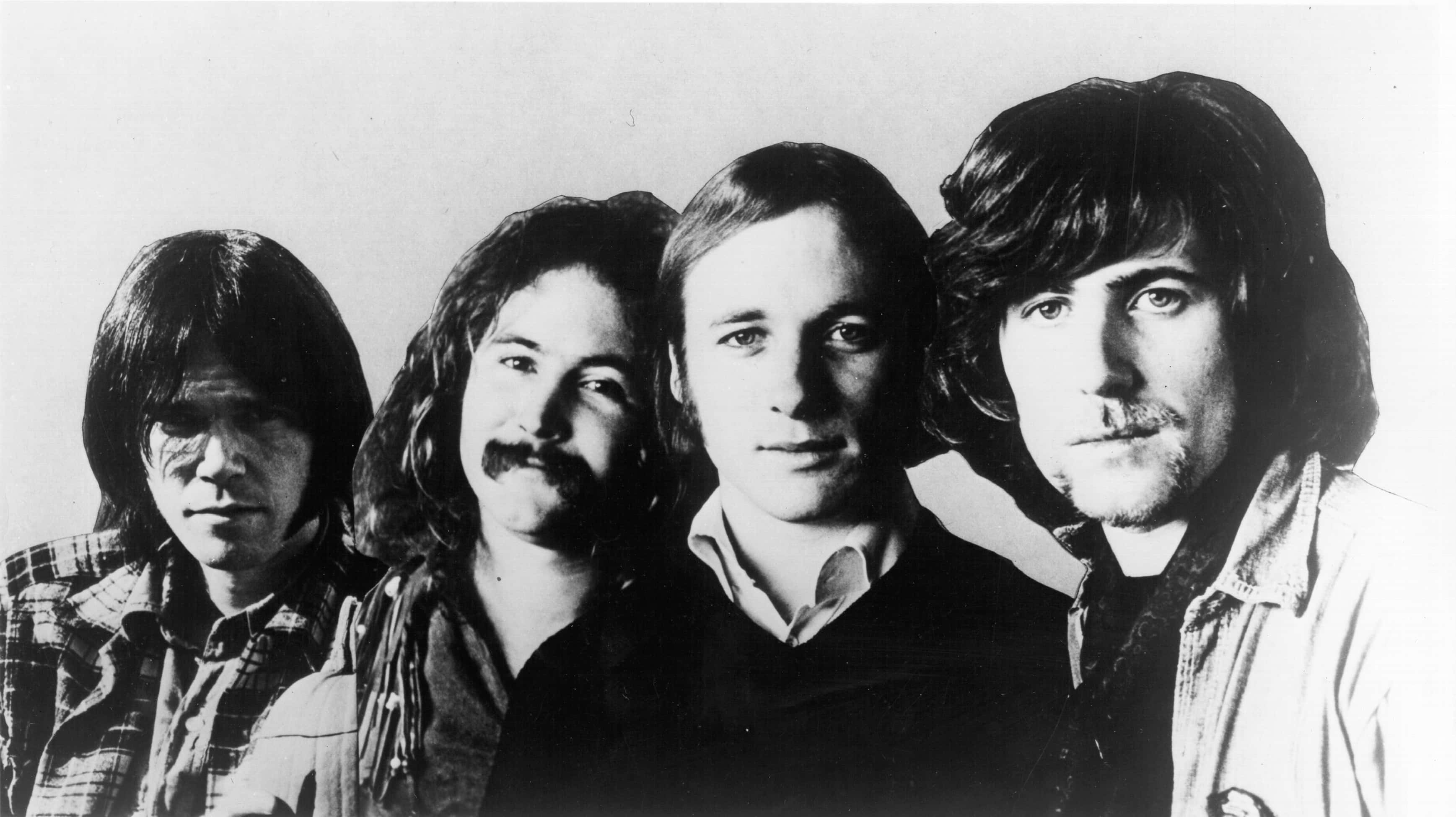 Crosby Stills And Nash, black and white studio portrait, four men, 2K Desktop Wallpaper