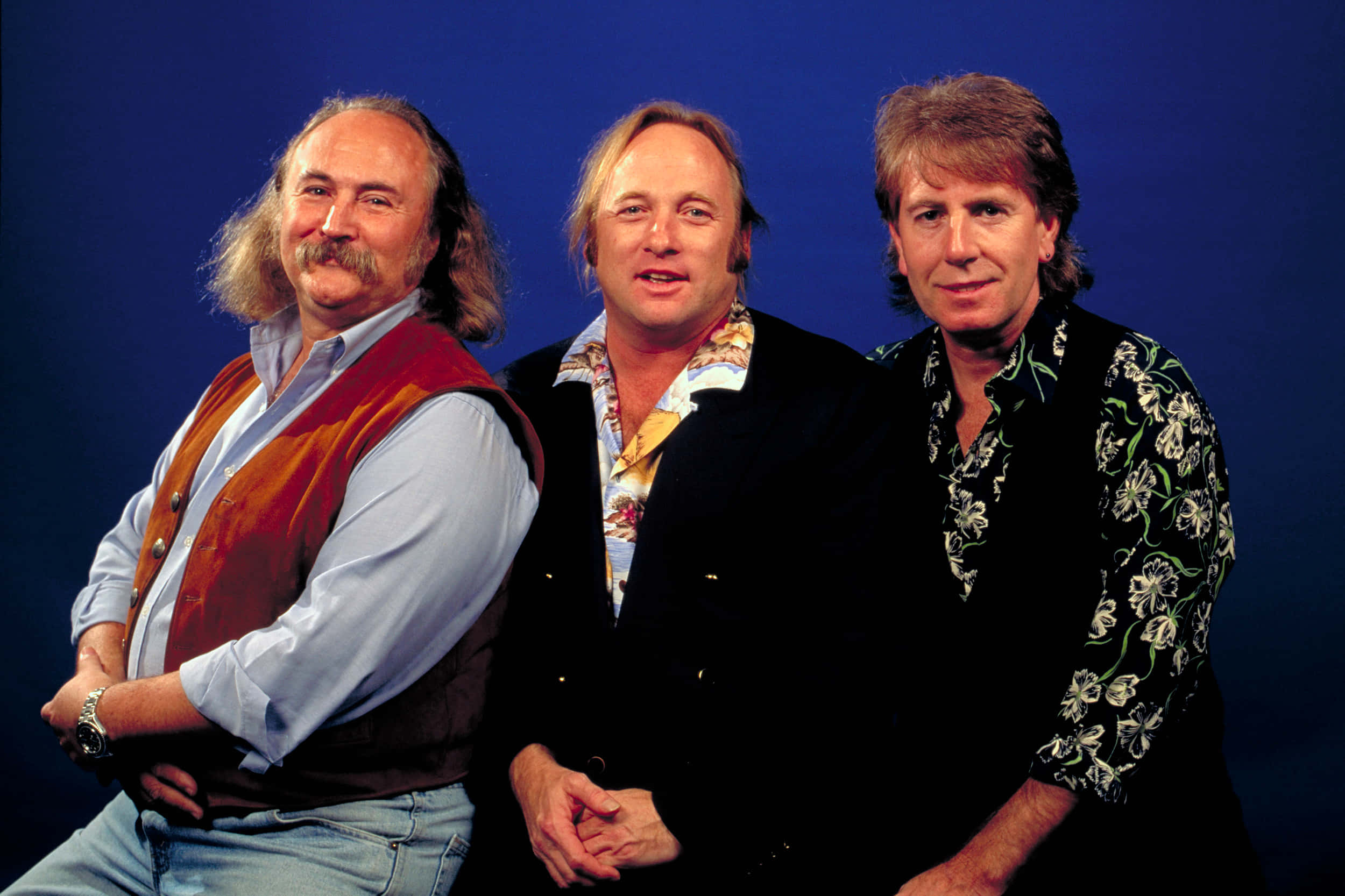 Crosby Stills And Nash, 70s fashion, solid blue studio backdrop, Full HD Desktop Wallpaper