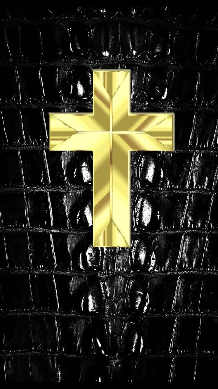 Cross Phone, gold cross, glossy black crocodile skin texture, HD Phone Wallpaper