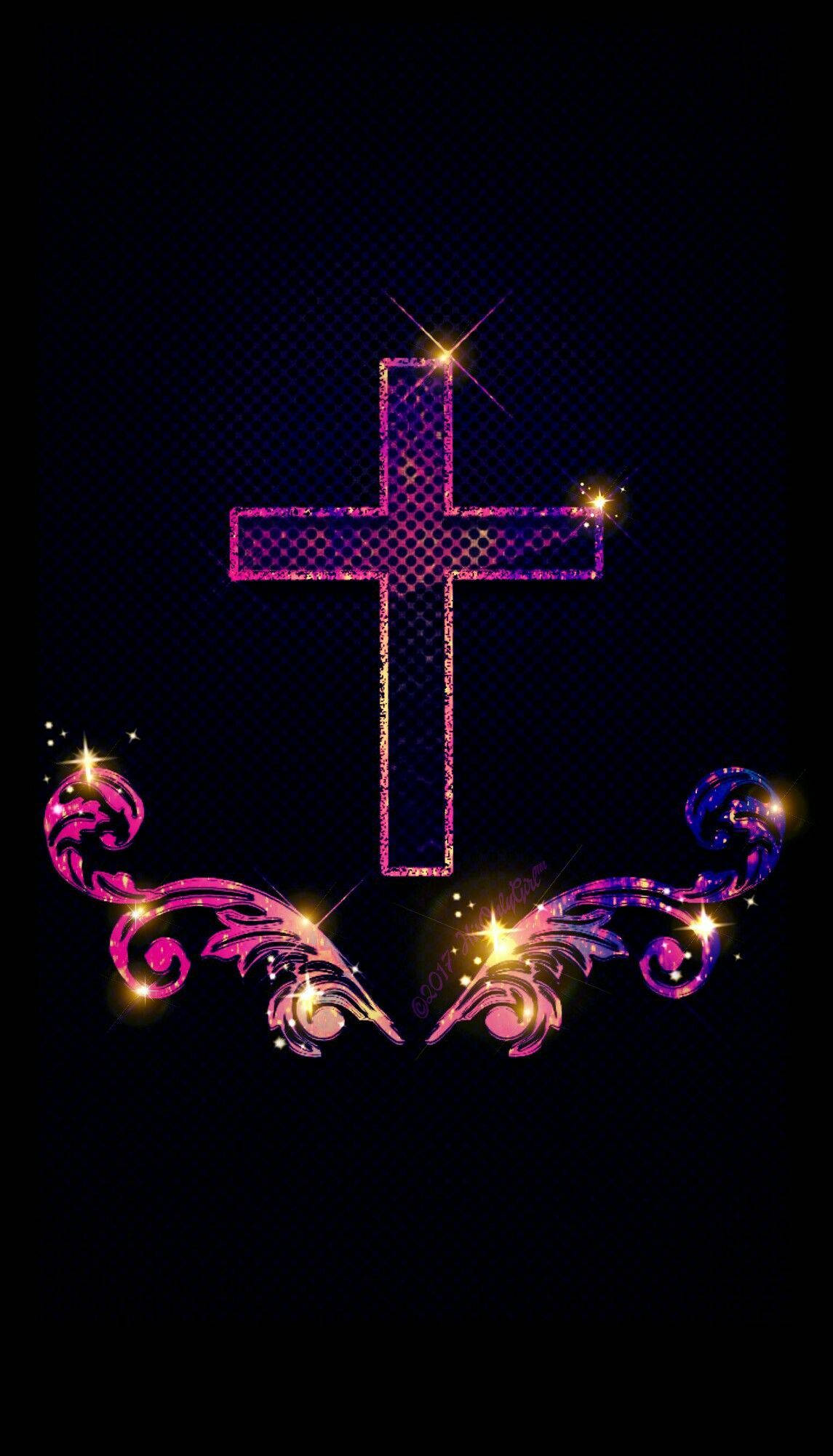cute girly cross, glittering purple cross, ornate swirls, Full HD Phone Wallpaper