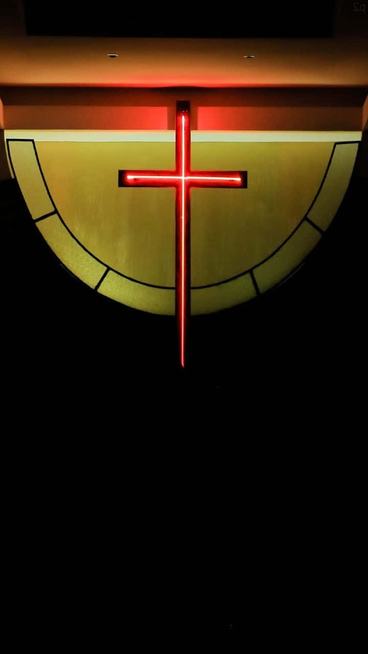 cross phone, glowing red neon cross, golden arched wall, HD Phone Wallpaper