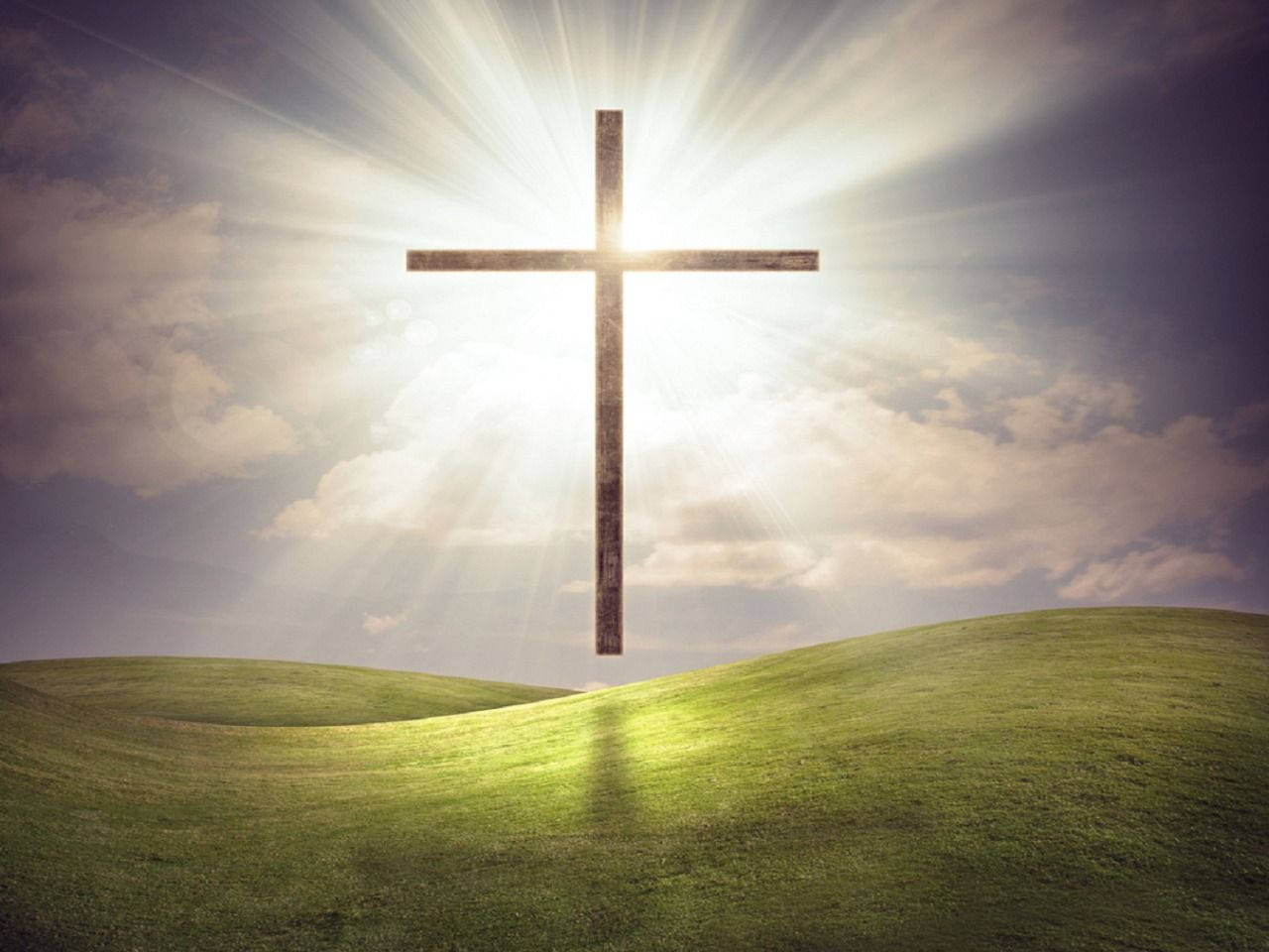 wooden cross, divine light, cloudy sky, HD Desktop Wallpaper