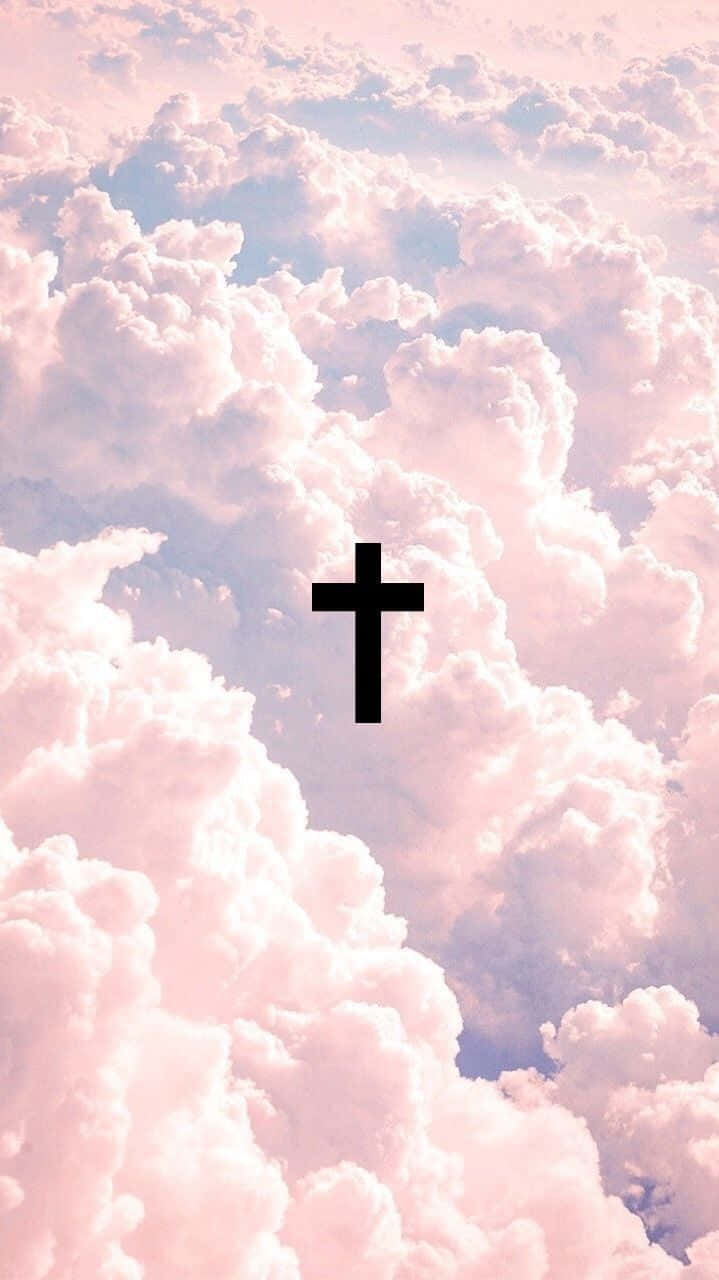 black cross, pink and blue cloud-filled sky, sea of clouds, HD Phone Wallpaper