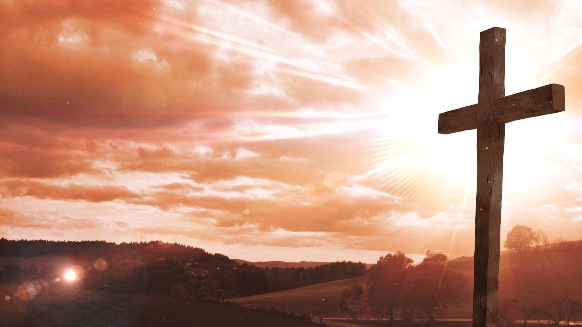wooden cross, dramatic sunset sky, radiant sunbeams, Full HD Desktop Wallpaper