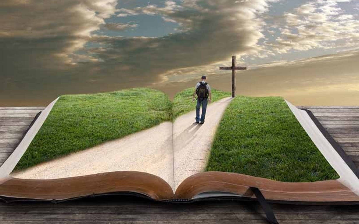 Biblical Travelling A Path, open book, distant cross, SD Desktop Wallpaper