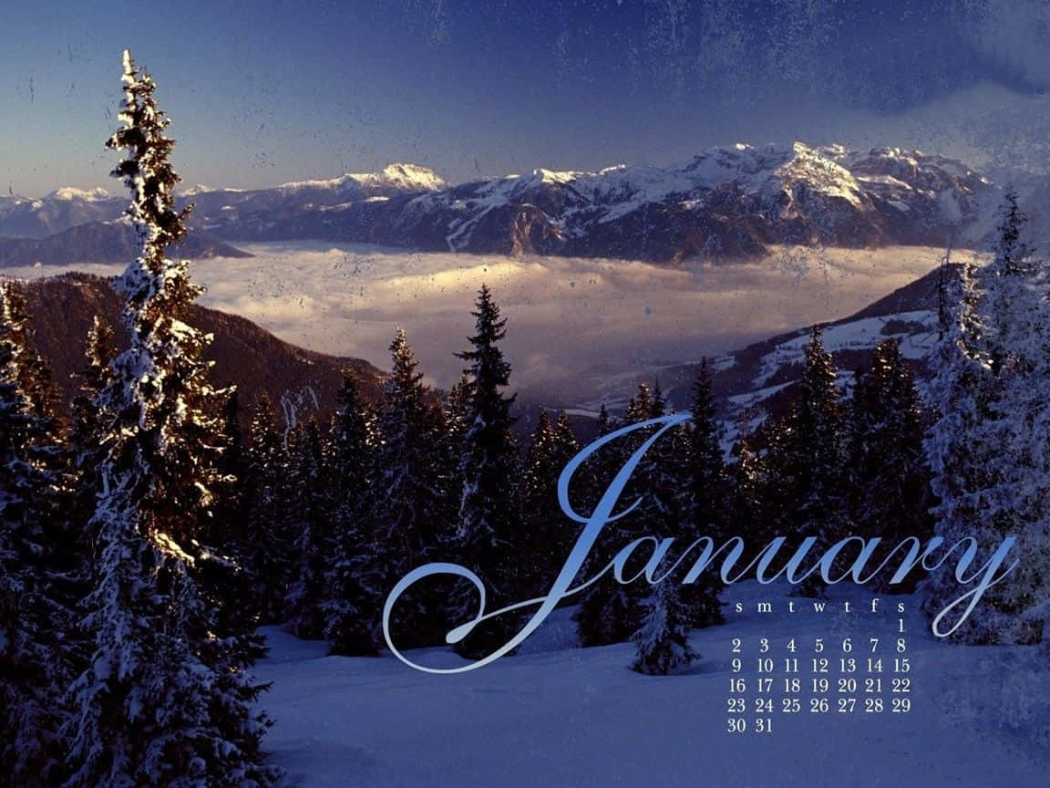 Crosscards Computer, Winter Mountain Calendar, snowy evergreen trees, SD Desktop Wallpaper