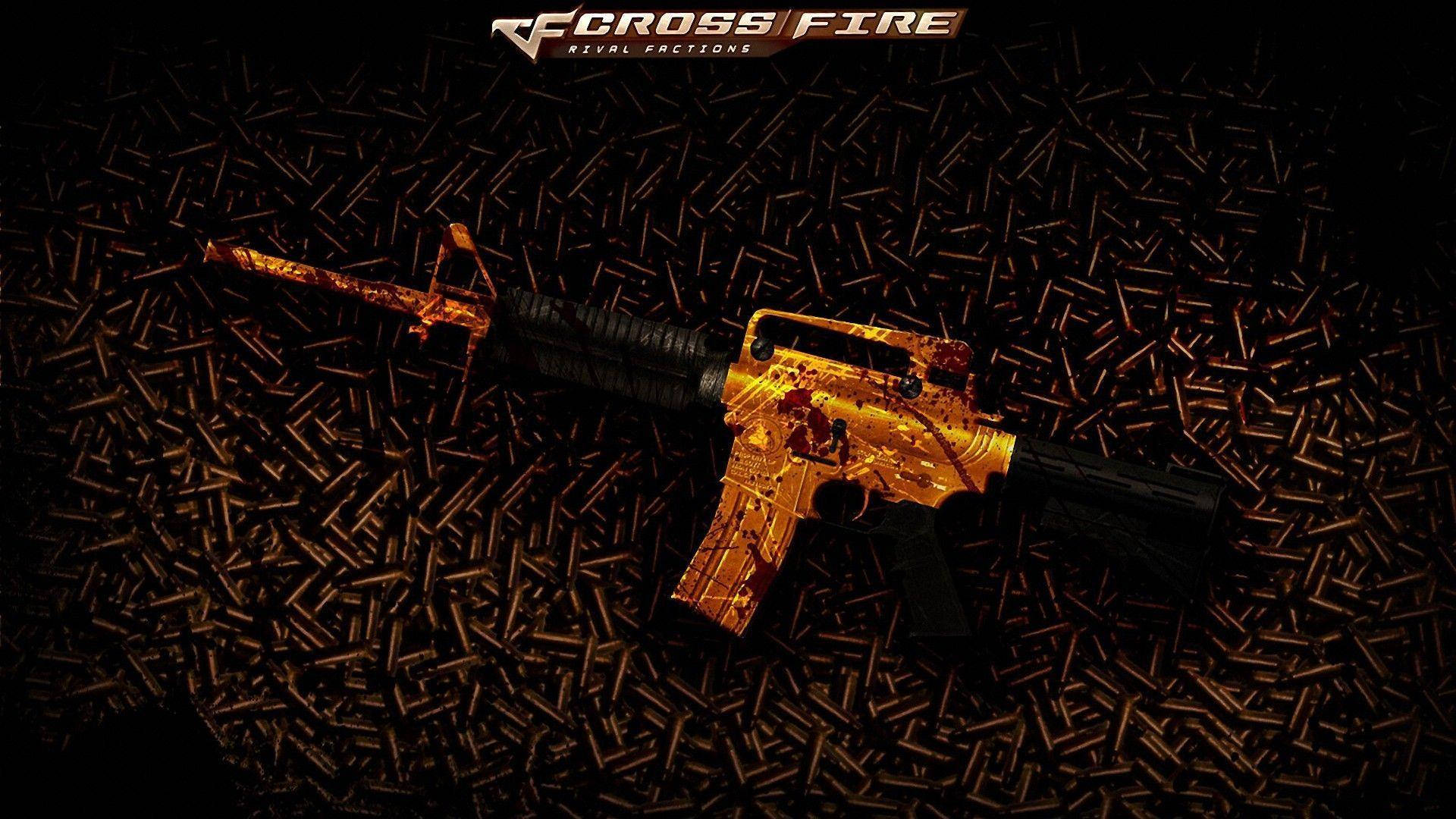 Crossfire, gold and black sniper rifle, golden blood-splattered rifle, Full HD Desktop Wallpaper