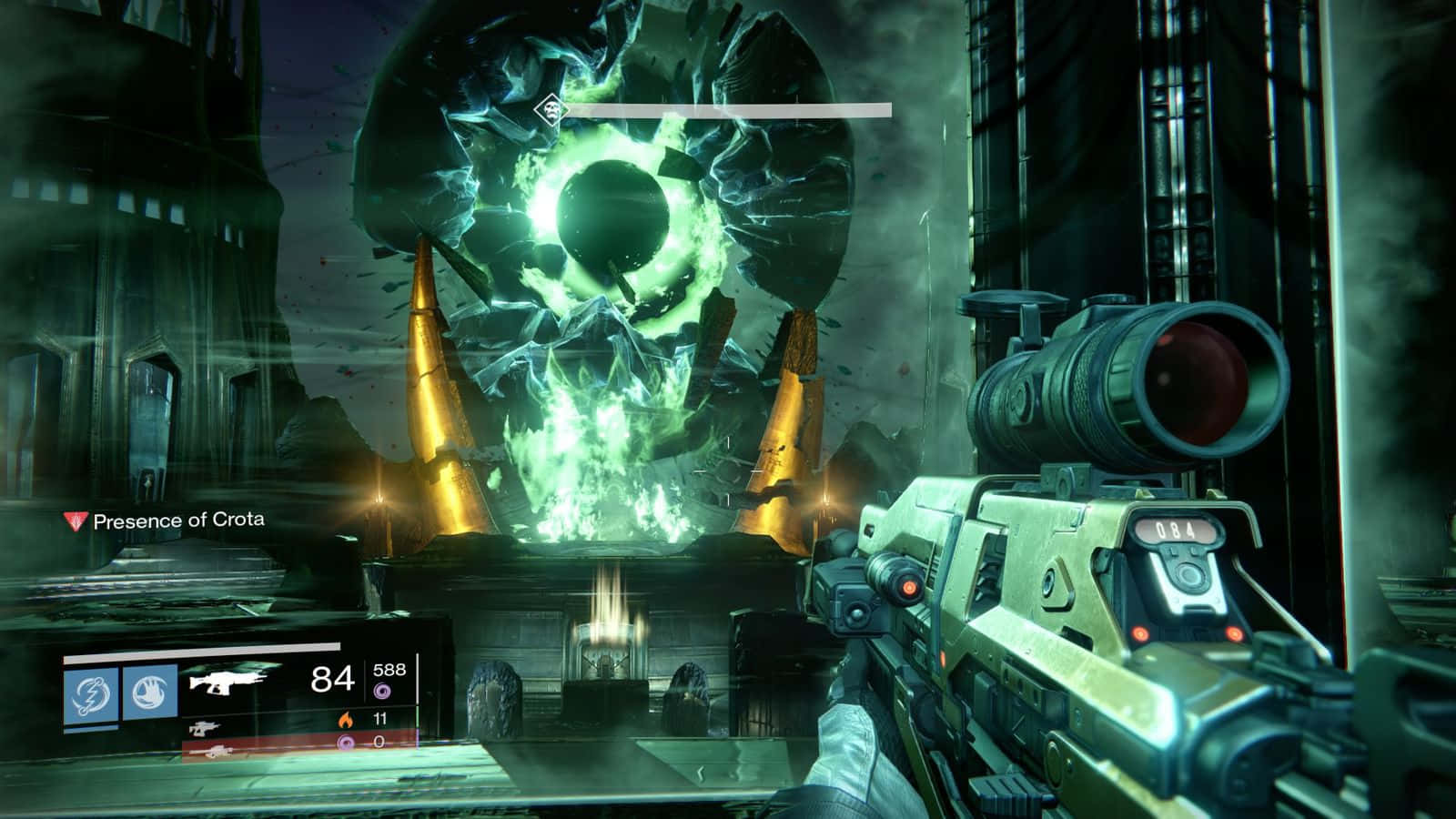 Crota, glowing green skull-like boss, dark sci-fi ruin, HD Desktop Wallpaper