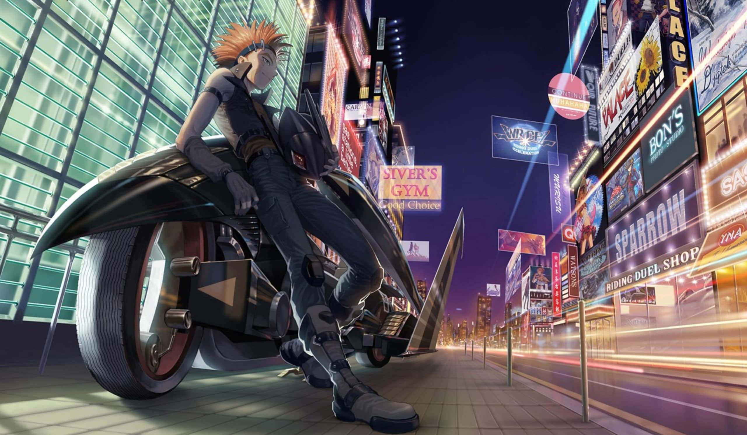 Crow Hogan, futuristic motorcycle, neon-lit city streets, 2K Desktop Wallpaper