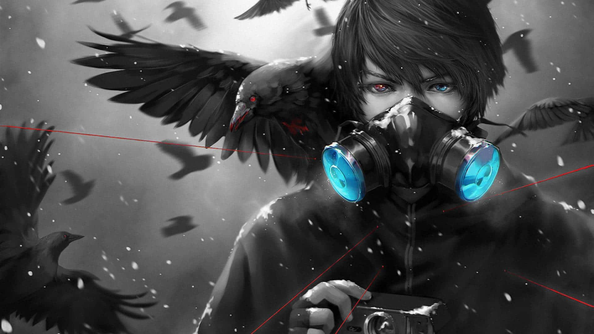 Crows Anime PFP Aesthetic, gas mask, glowing blue filters, Full HD Desktop Wallpaper