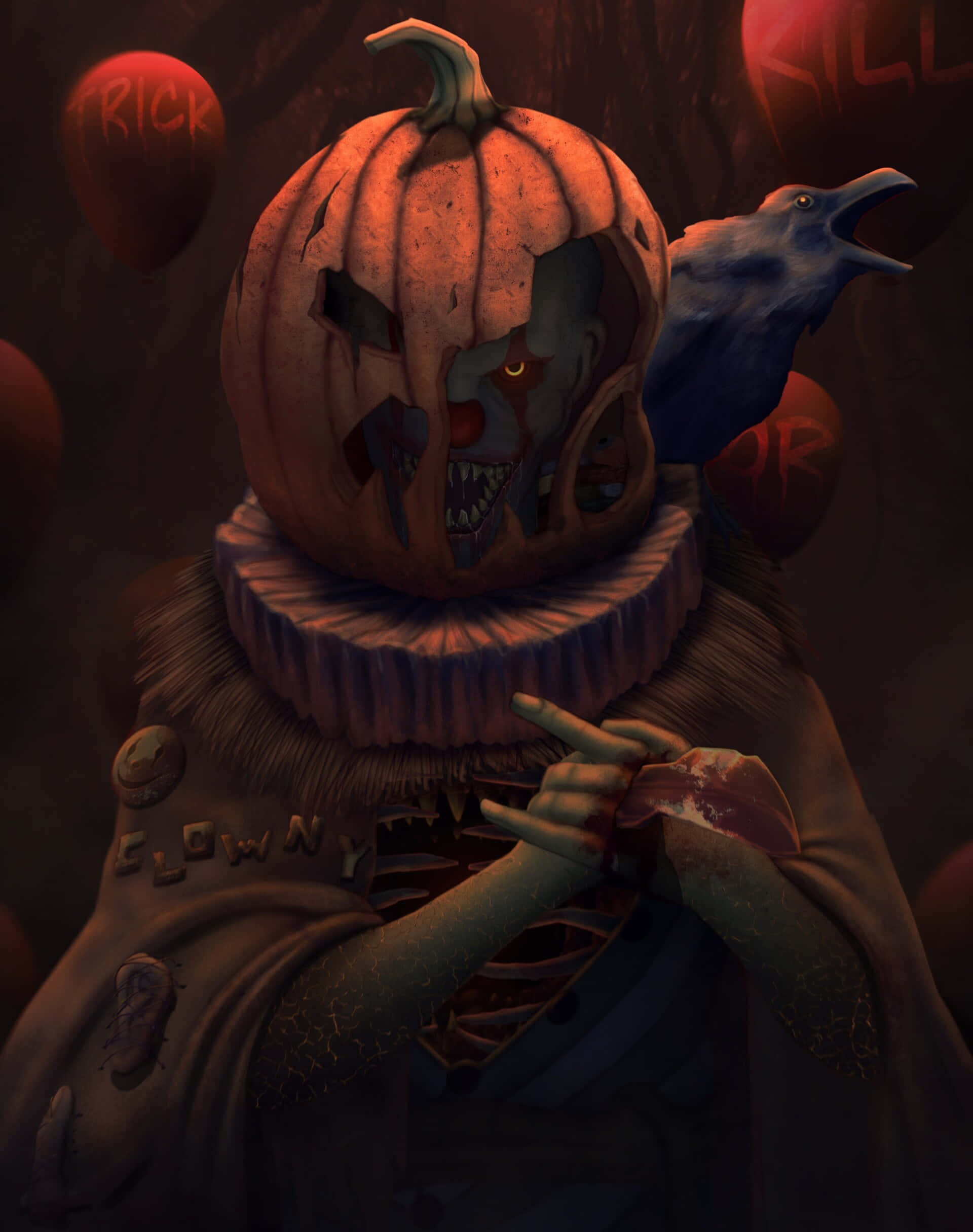 killer clown, pumpkin head, crow, Full HD Phone Wallpaper