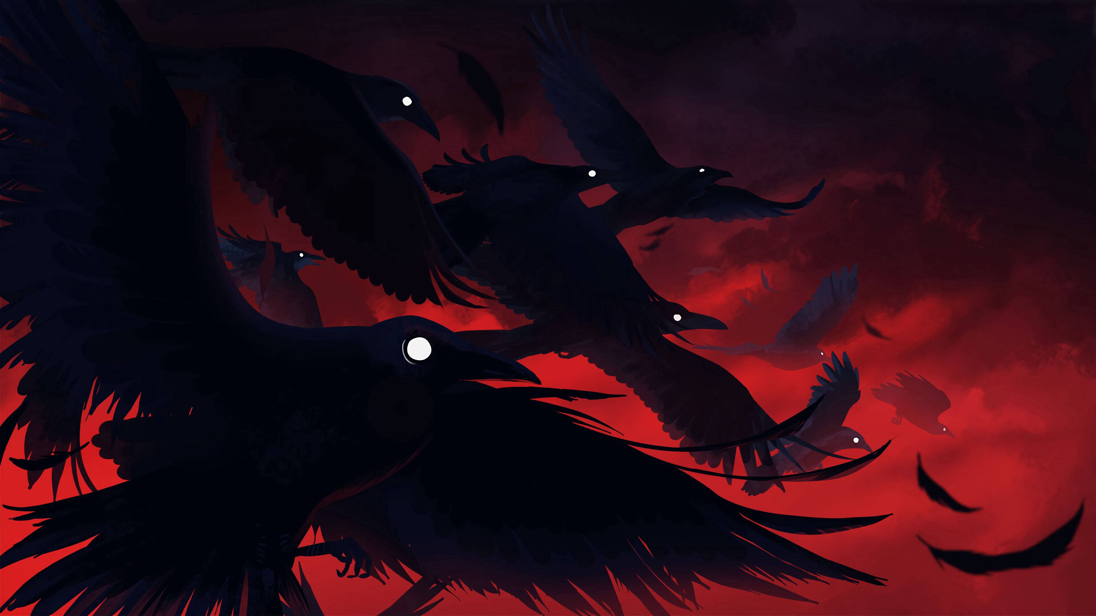 crow, silhouette, glowing eyes, 4K Desktop Wallpaper