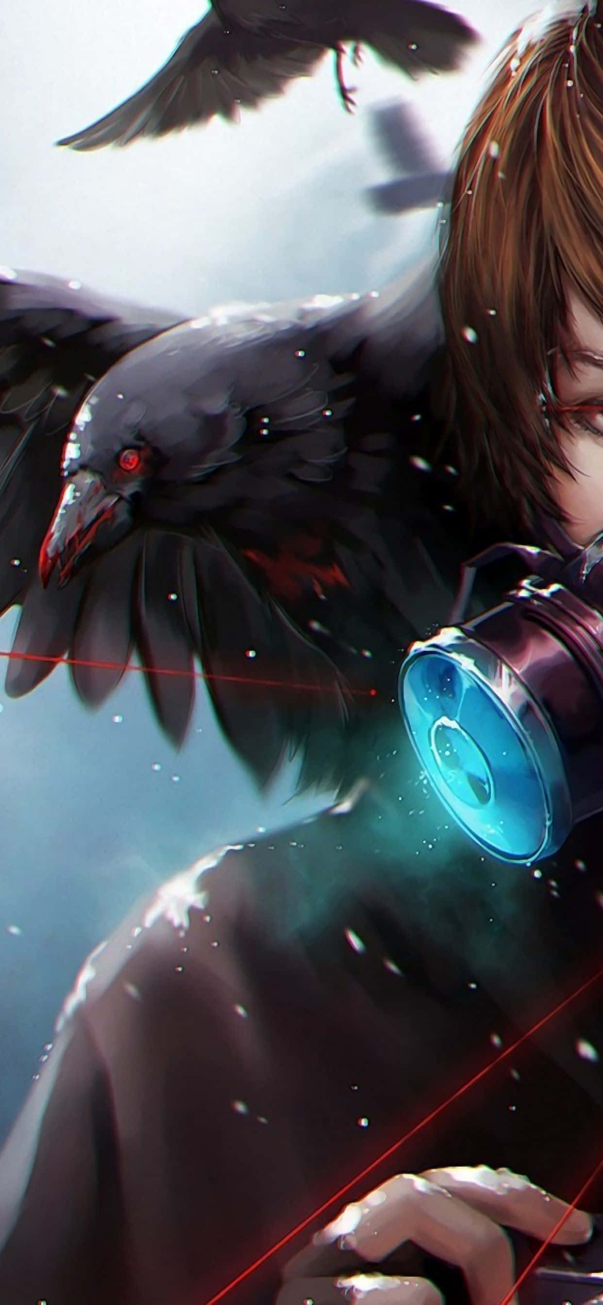 Crow, glowing blue gas mask, red eyes, 2K Phone Wallpaper