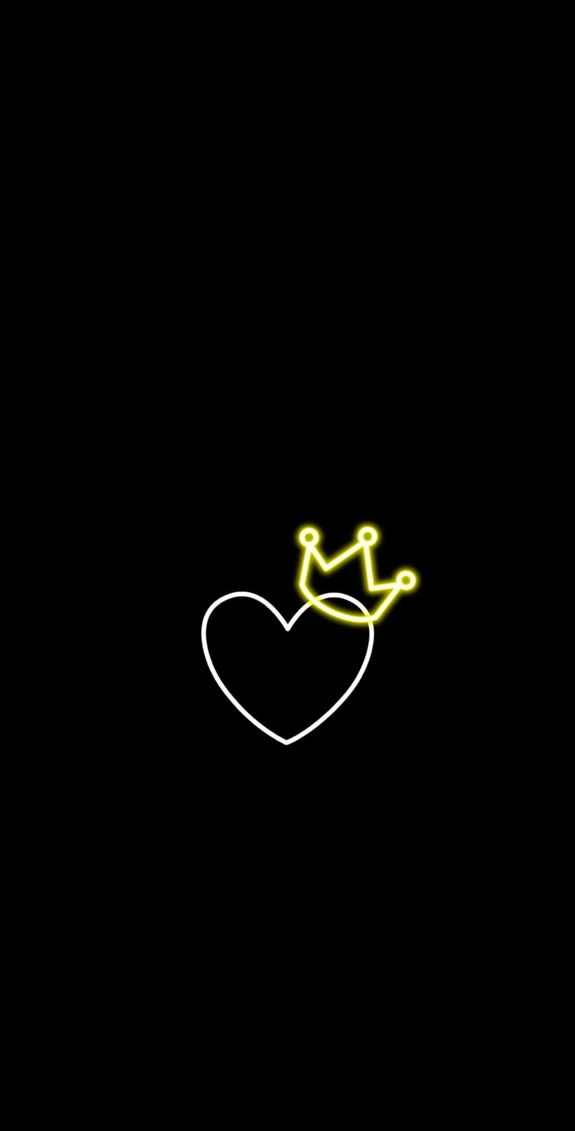 Cute Crown Black Heart iPhone, neon yellow crown, white outlined heart, Full HD Phone Wallpaper