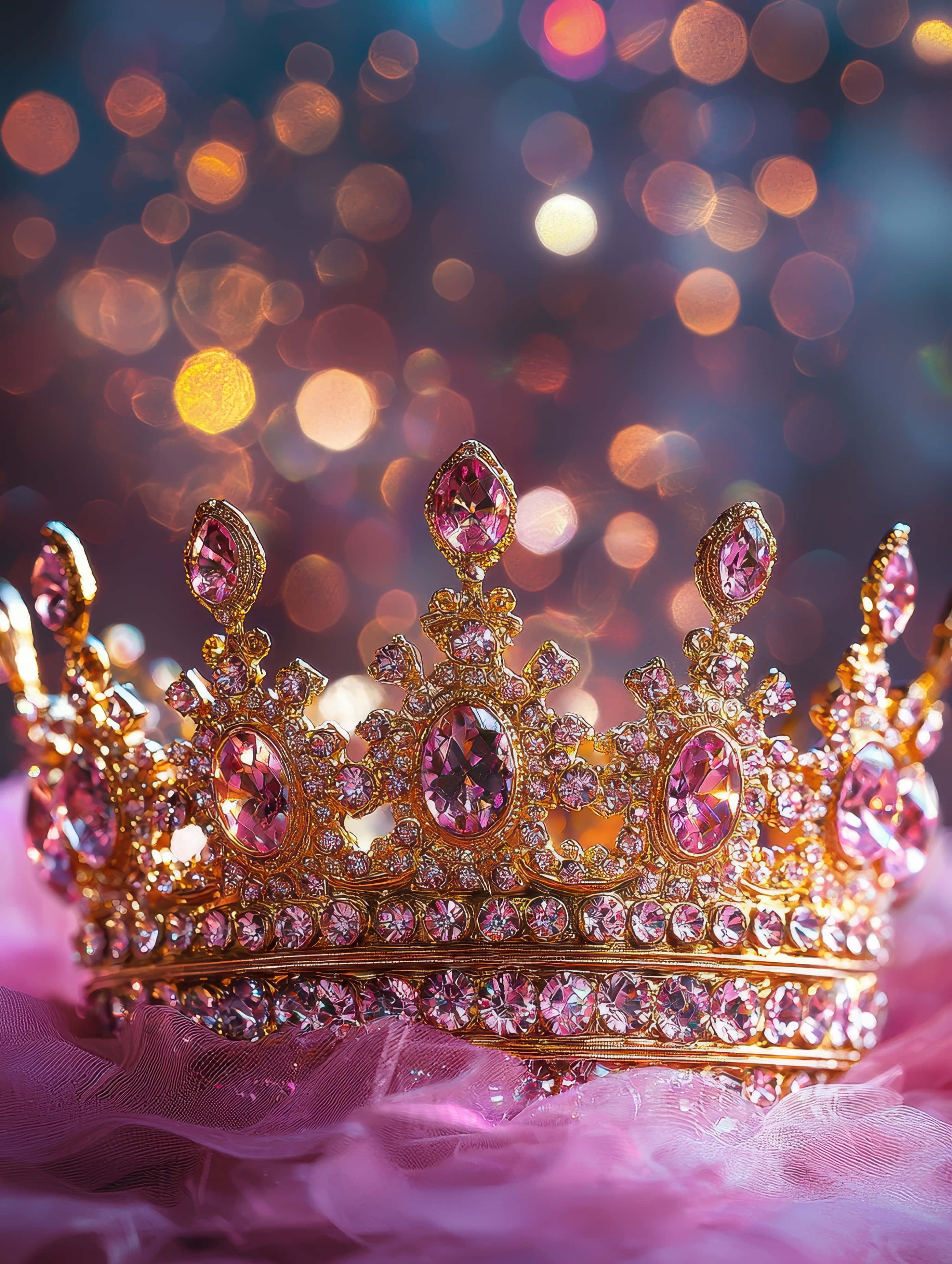 golden crown, pink gemstones, sparkling bokeh lights, 2K Phone Wallpaper